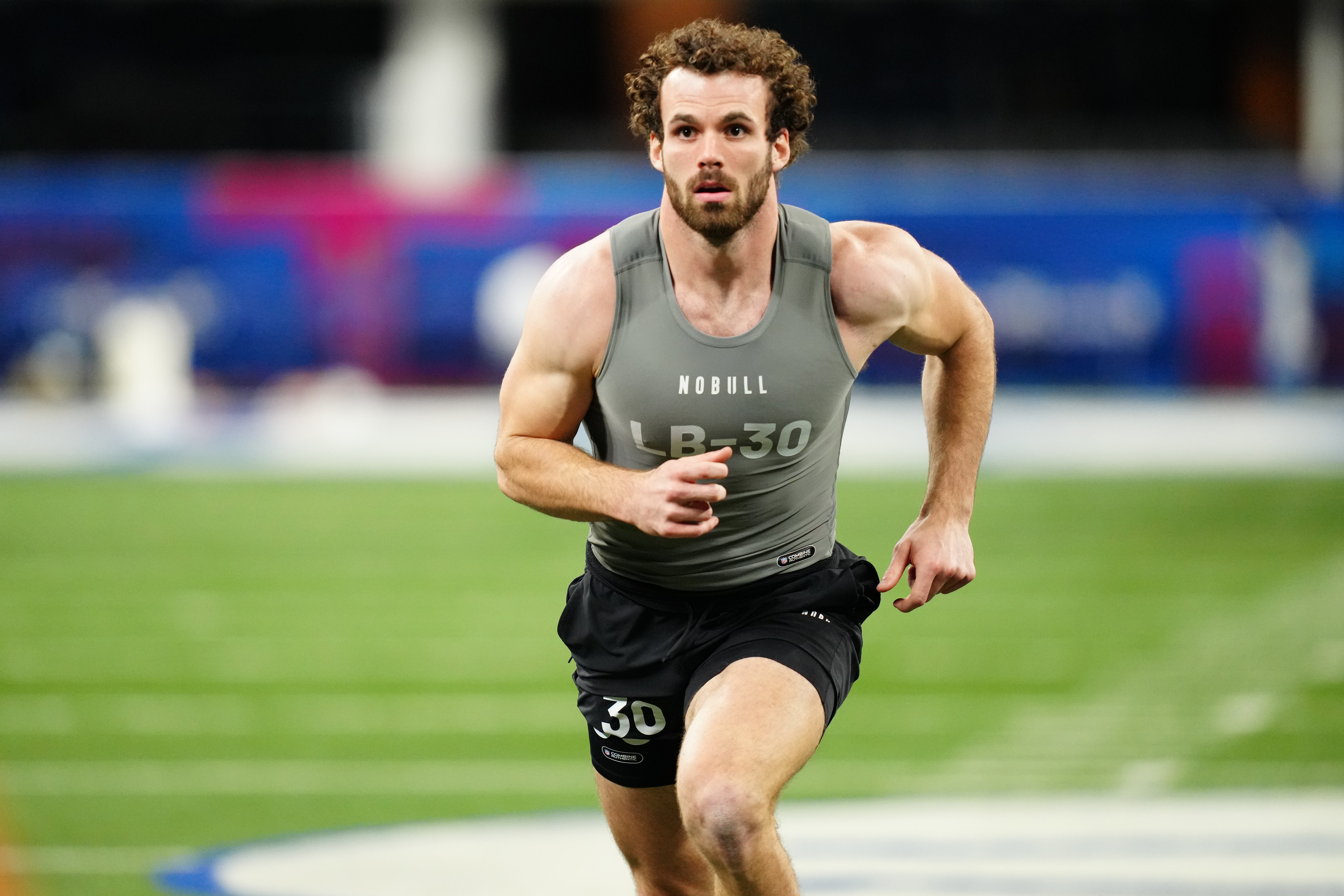 Feb 29, 2024; Indianapolis, IN, USA; North Carolina State linebacker Payton Wilson (LB30) works out during the 2024 NFL Combine at Lucas Oil Stadium.