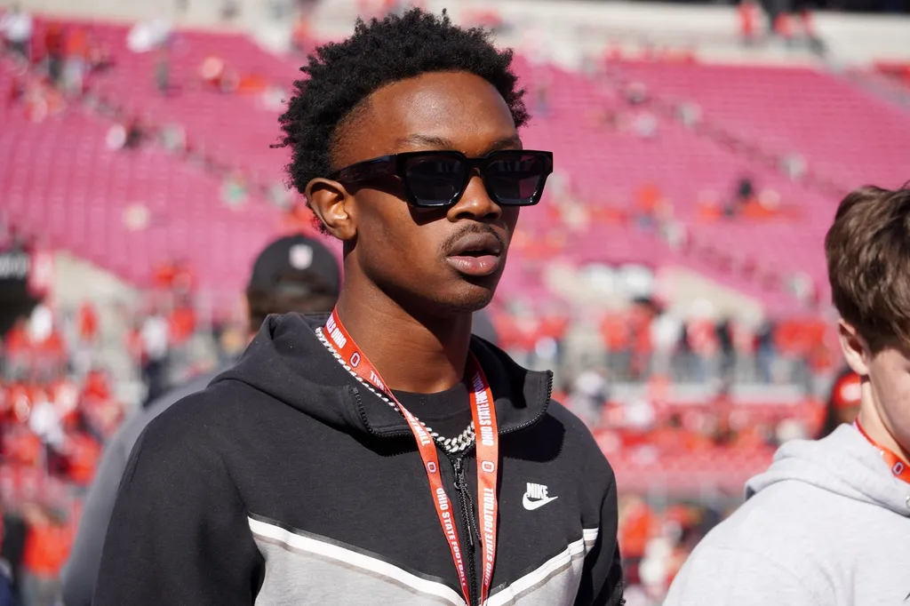 Alabama wide receiver commitment Jaime Ffrench watches Ohio State warm up before the Buckeyes' game against Penn State at Ohio Stadium on Oct. 21, 2023