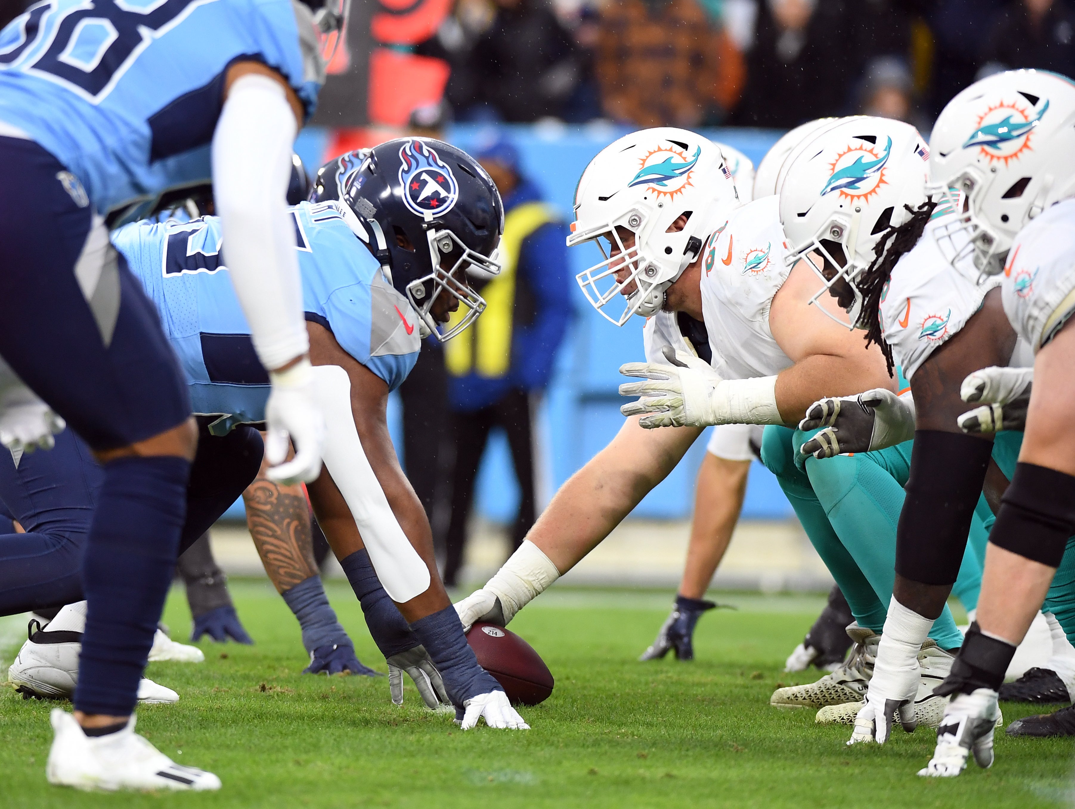 Jan 2, 2022; Nashville, Tennessee, USA; Miami Dolphins offense lines up against the Tennessee Titans defense during the first half at Nissan Stadium.