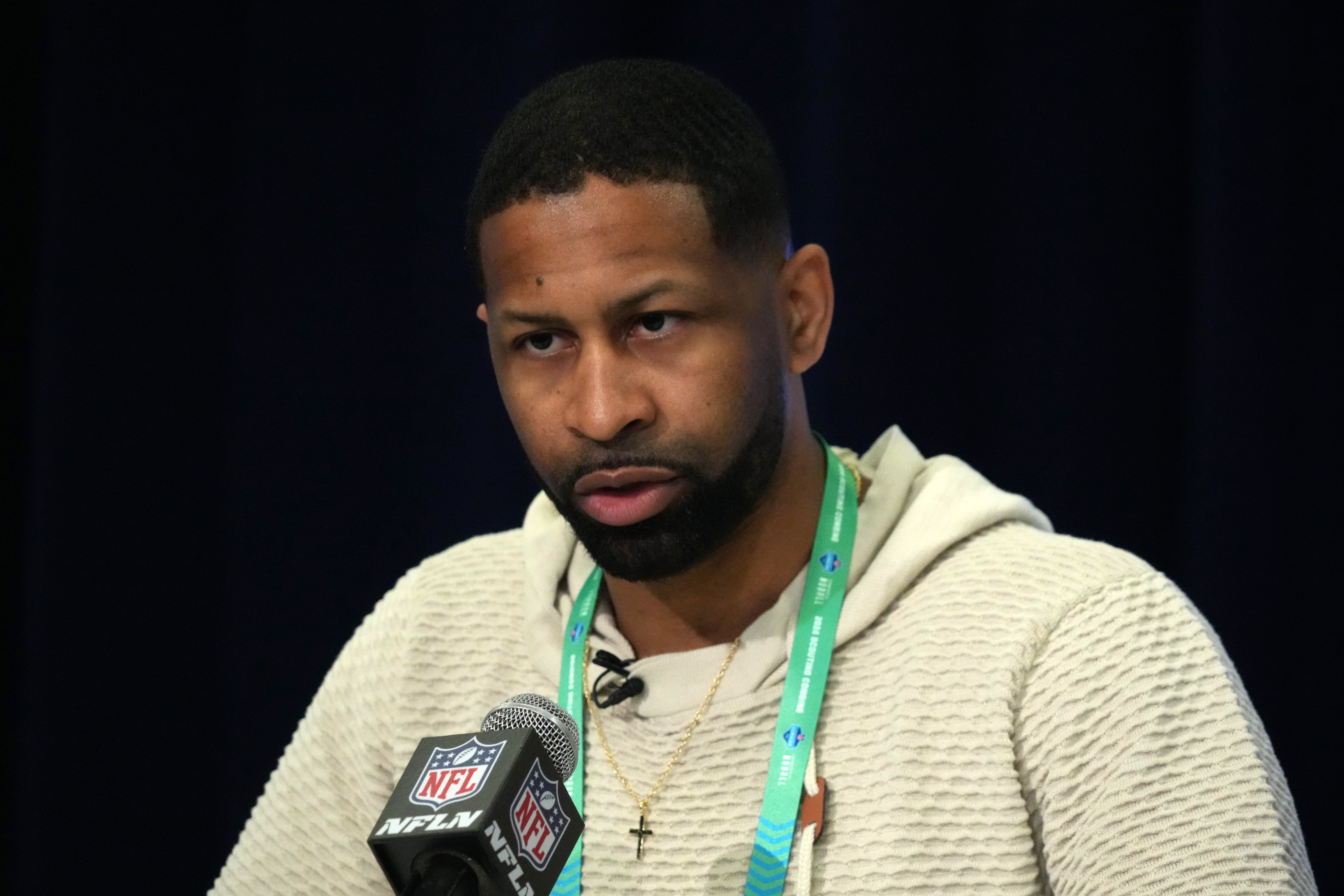 Feb 27, 2024; Indianapolis, IN, USA Cleveland Browns general manager Andrew Berry speaks during a press conference at the NFL Scouting Combine at Indiana Convention Center. Mandatory Credit: Kirby Lee-USA TODAY Sports