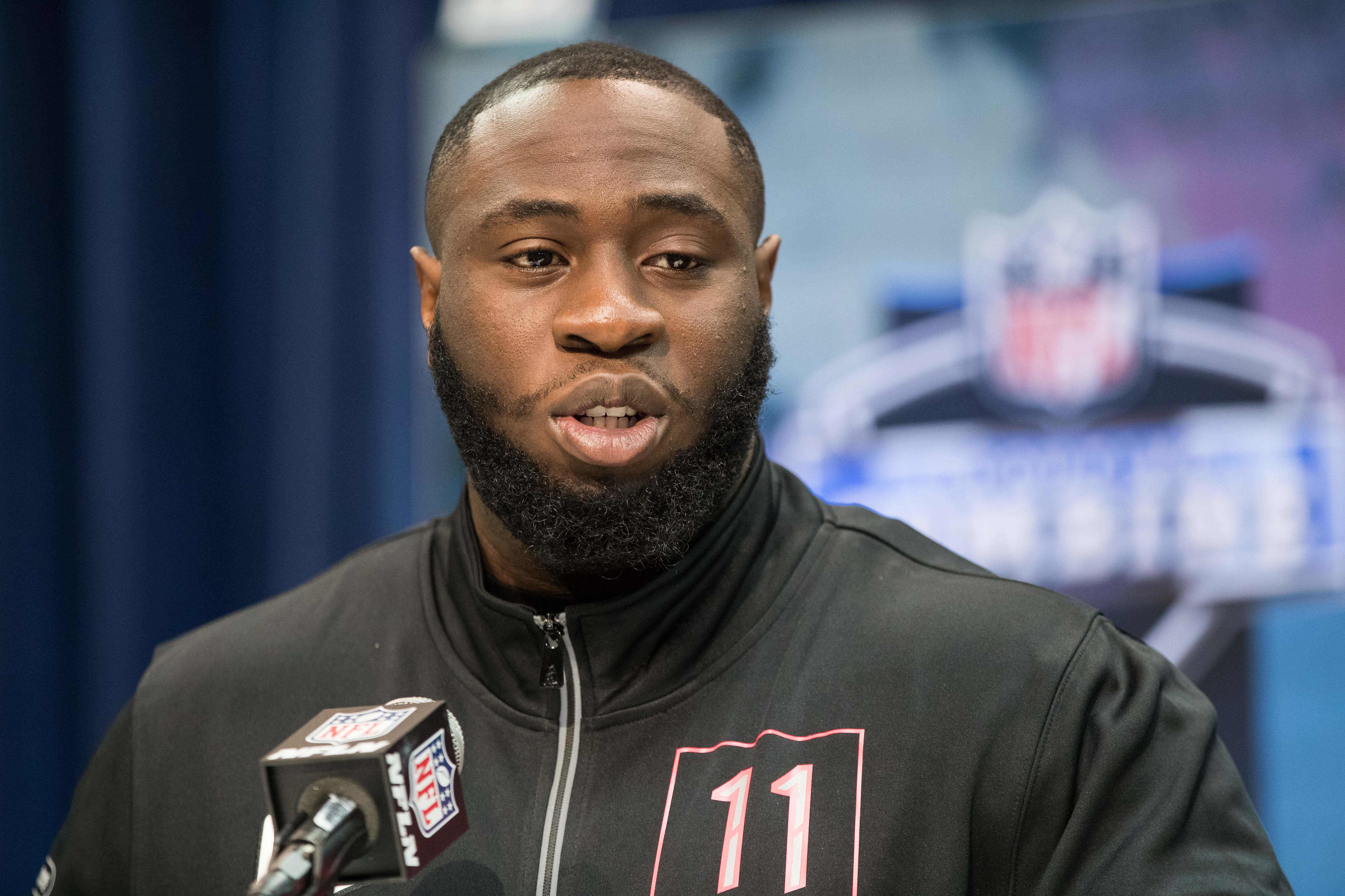 Oklahoma defensive lineman Neville Gallimore (DL11) speaks to the media during the 2020 NFL Combine in the Indianapolis Convention Center.
