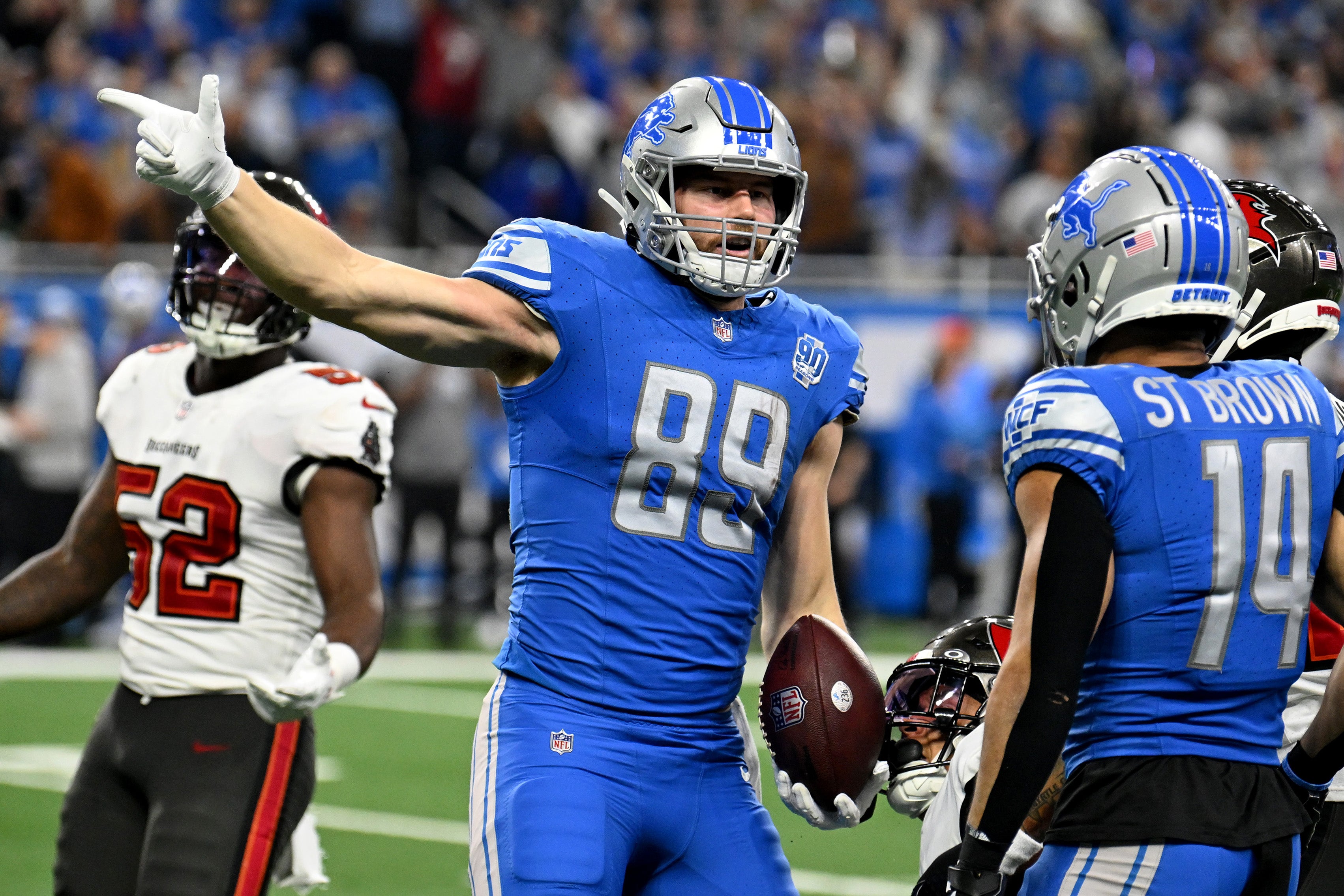 Jan 21, 2024; Detroit, Michigan, USA; Detroit Lions tight end Brock Wright (89) reacts after a play against the Tampa Bay Buccaneers during the second half in a 2024 NFC divisional round game at Ford Field.