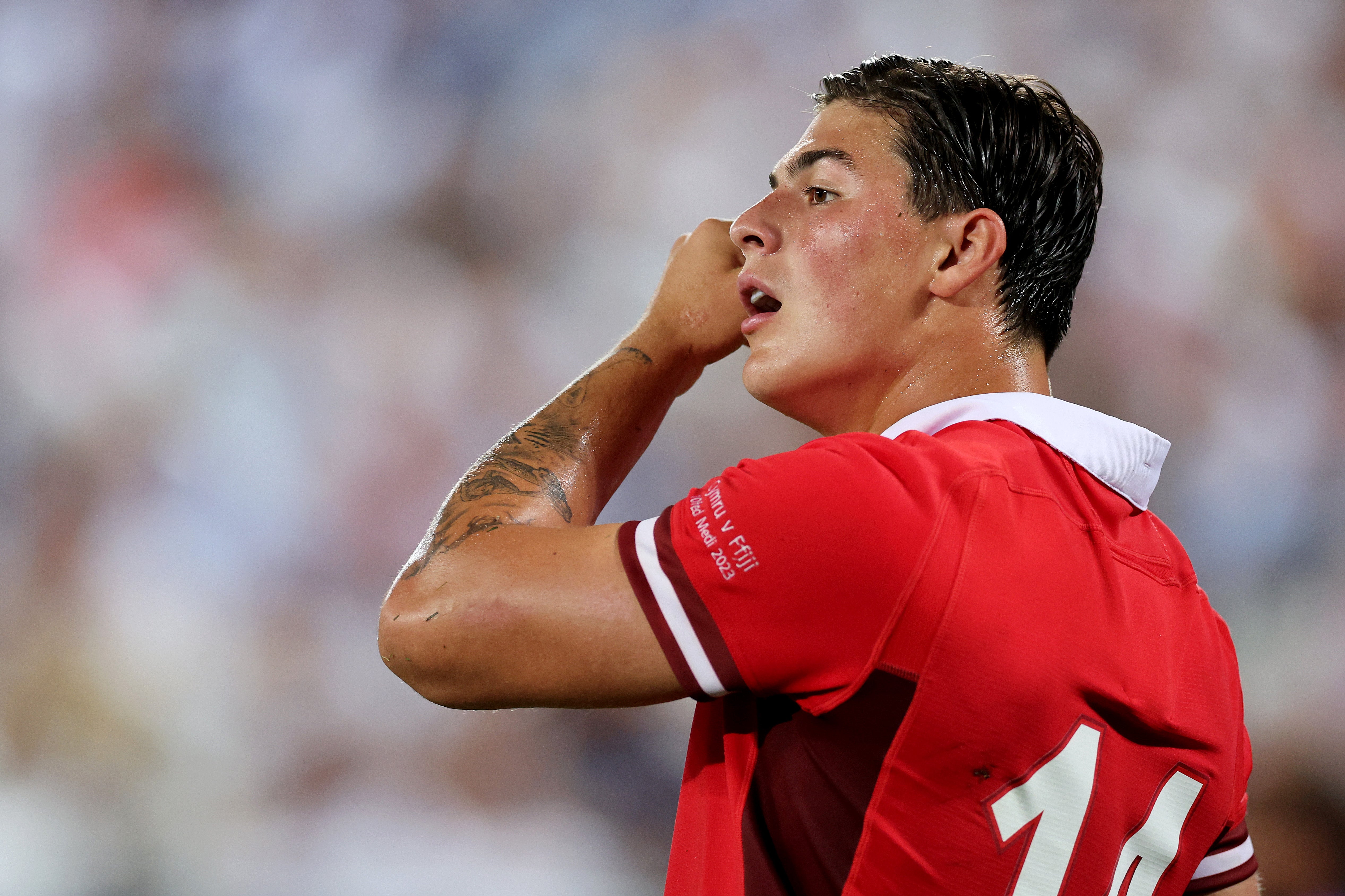 BORDEAUX, FRANCE - SEPTEMBER 10: Louis Rees-Zammit of Wales looks on during the Rugby World Cup France 2023 match between Wales and Fiji at Nouveau Stade de Bordeaux on September 10, 2023 in Bordeaux, France.