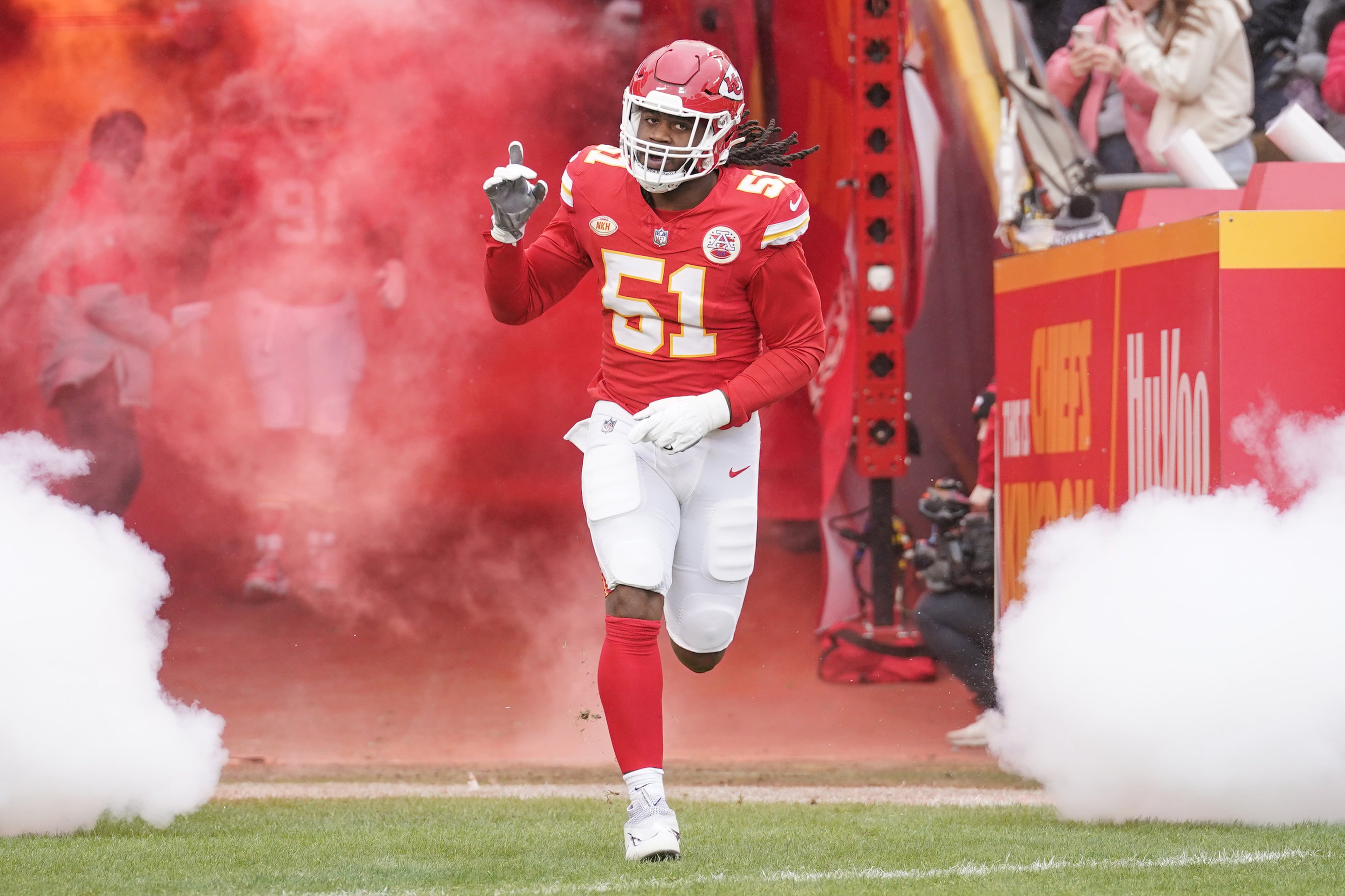 Dec 25, 2023; Kansas City, Missouri, USA; Kansas City Chiefs defensive end Mike Danna (51) is introduced against the Las Vegas Raiders prior to a game at GEHA Field at Arrowhead Stadium.