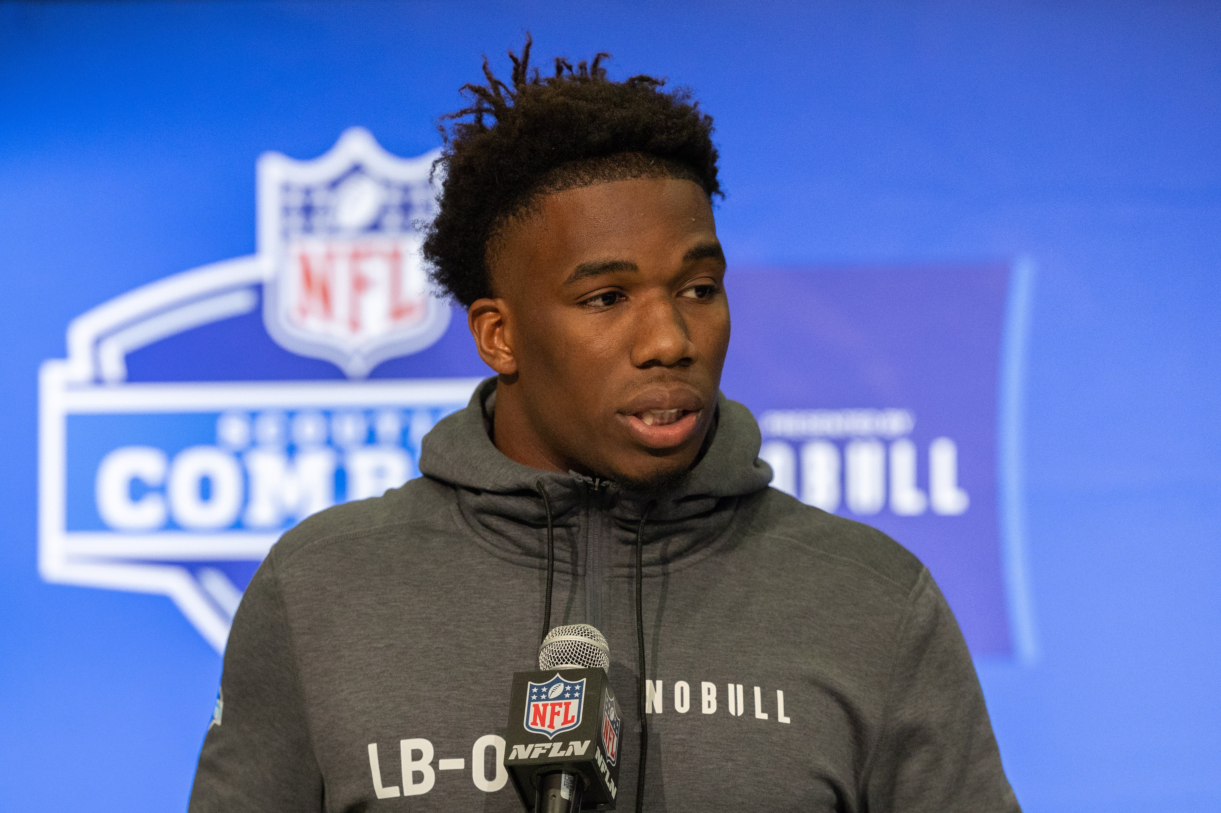 Feb 28, 2024; Indianapolis, IN, USA; Texas A&M linebacker Edgerrin Cooper (LB08) talks to the media at the 2024 NFL Combine at Indiana Convention Center.