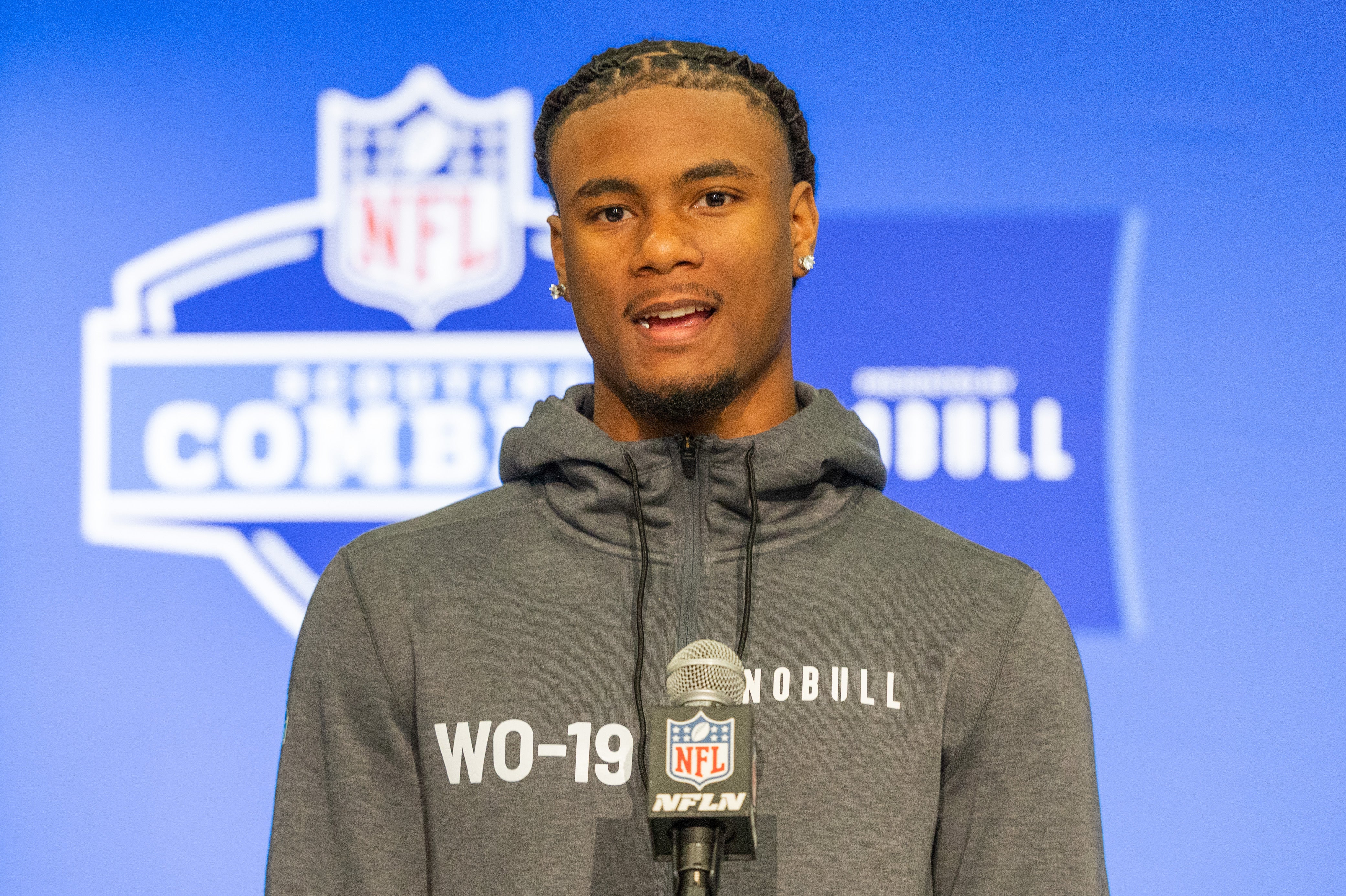 Mar 1, 2024; Indianapolis, IN, USA; Texas wide receiver Adonai Mitchell (WO19) talks to the media during the 2024 NFL Combine at Lucas Oil Stadium.