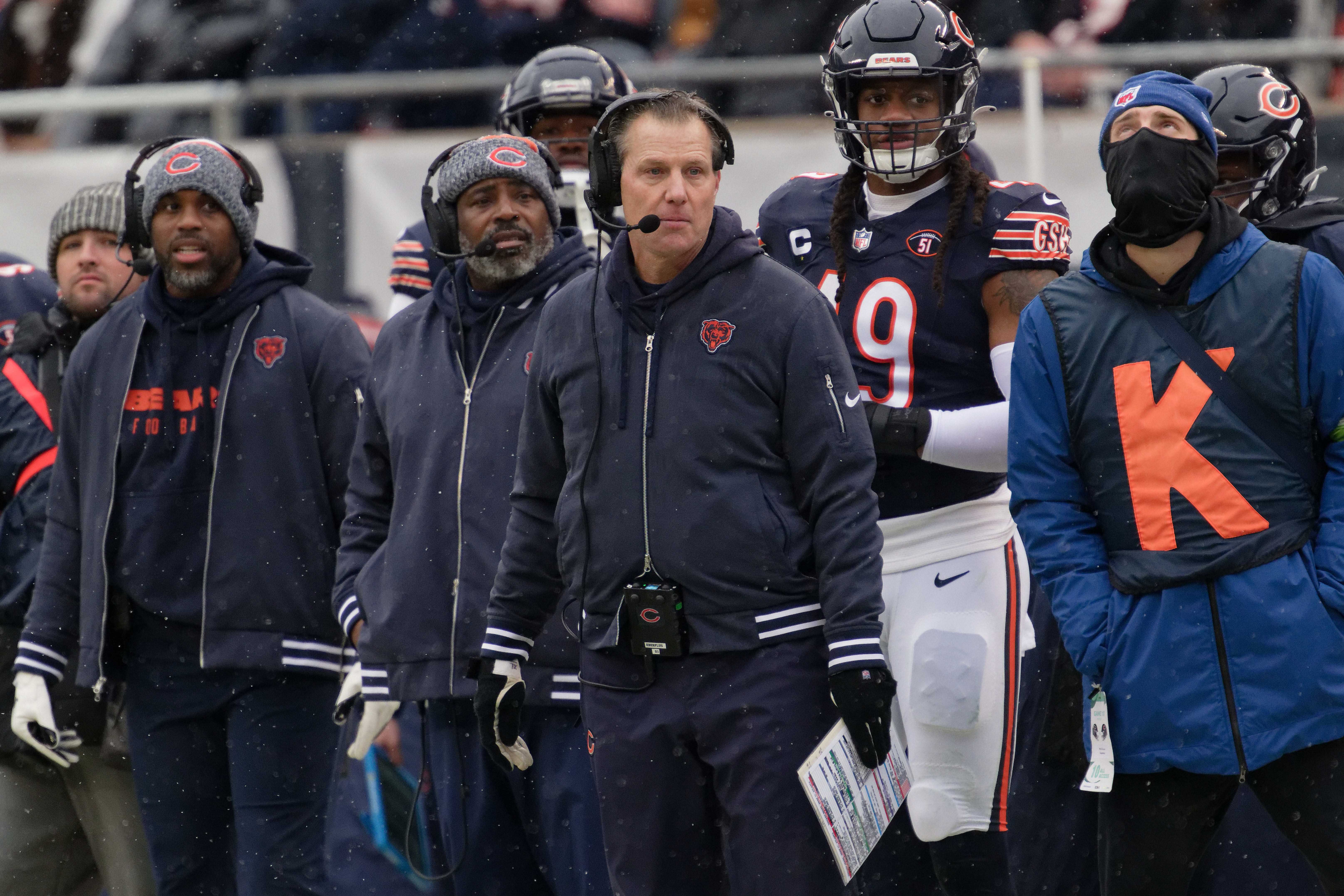 Dec 31, 2023; Chicago, Illinois, USA; Chicago Bears head coach Matt Eberflus watches his team play against the Atlanta Falcons at Soldier Field.