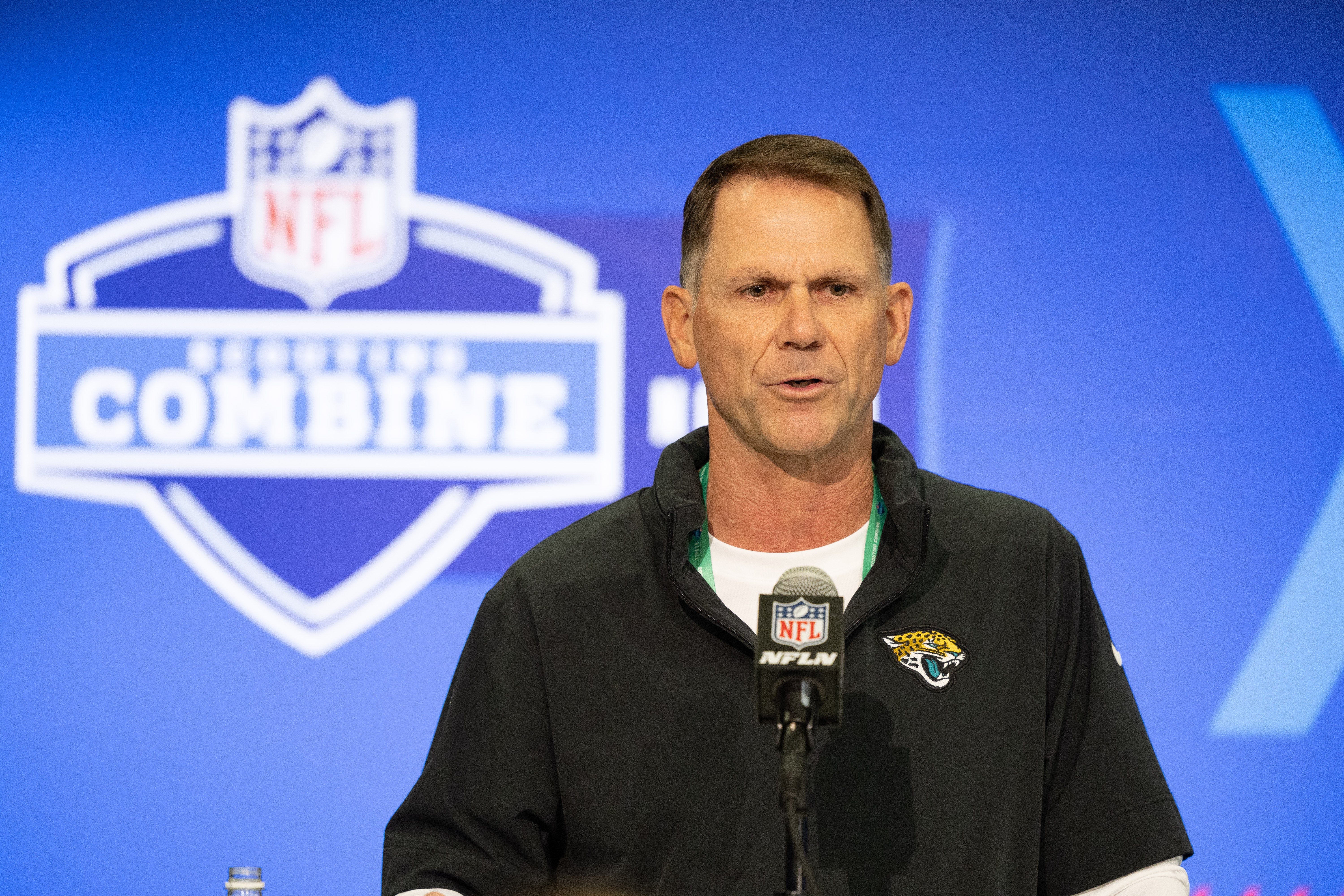 Feb 27, 2024; Indianapolis, IN, USA; Jacksonville Jaguars general manager Trent Baalke talks to the media at the 2024 NFL Combine at Indiana Convention Center.