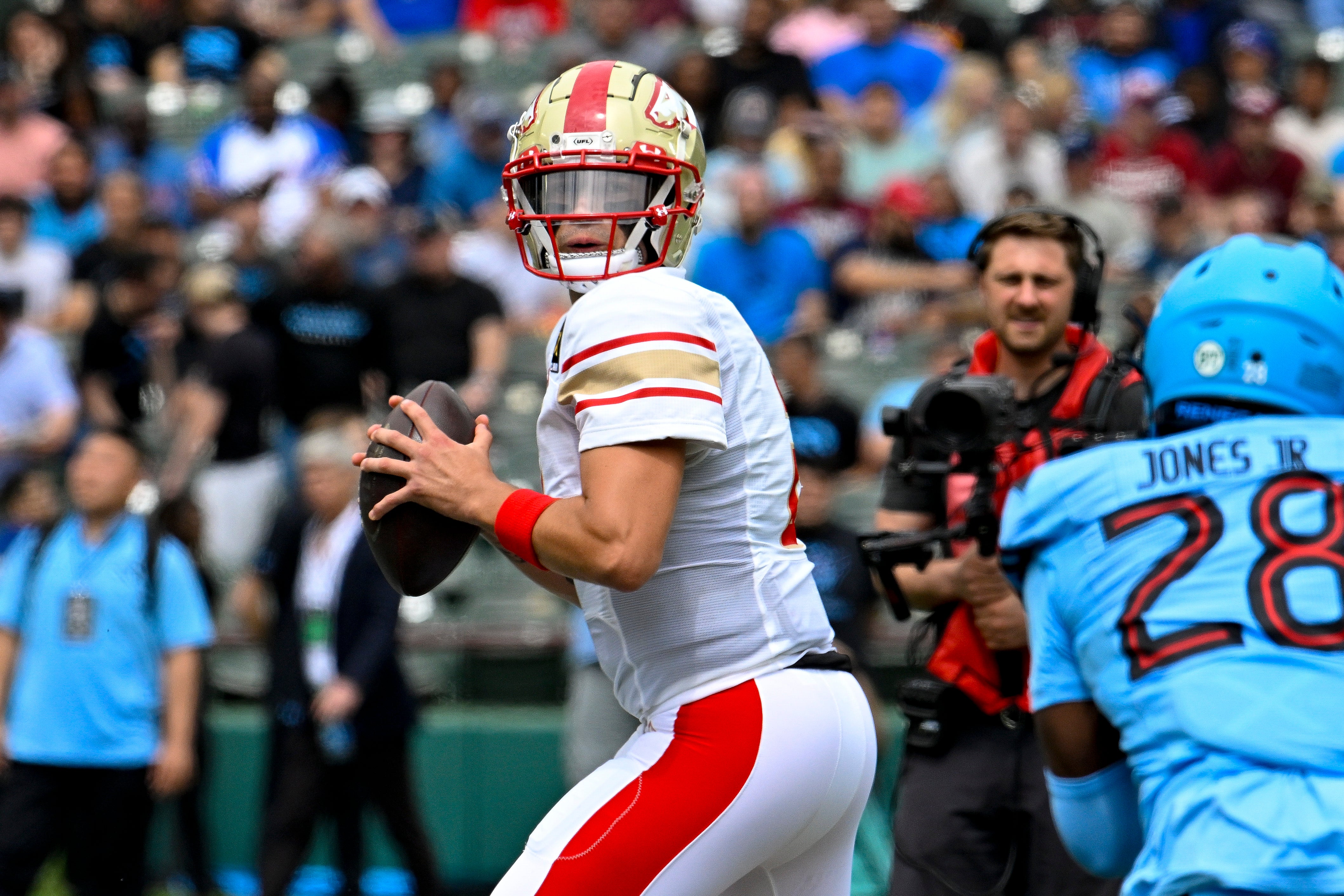 Mar 30, 2024; Arlington, TX, USA; Birmingham Stallions quarterback Matt Corral (2) drops back to pass against the Arlington Renegades during the first half at Choctaw Stadium.