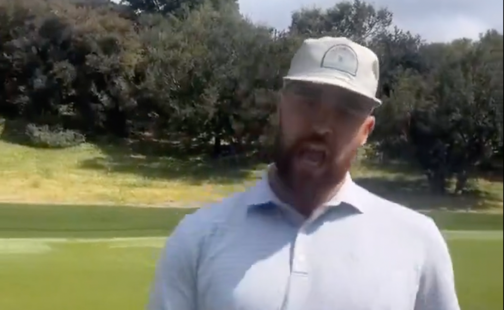 Travis Kelce rocks out to Taylor Swift while on the golf course with some friends.