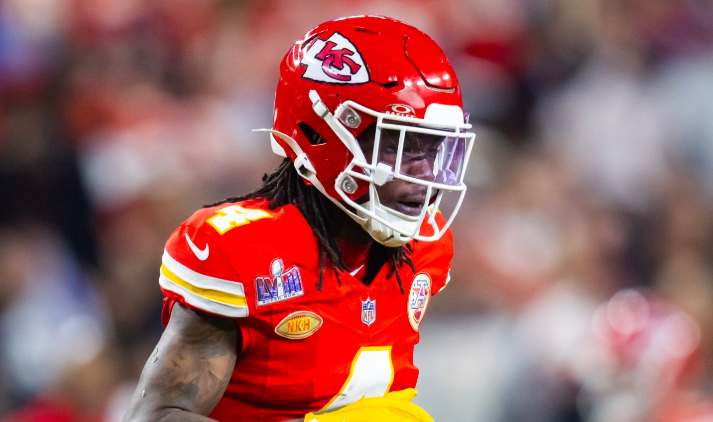 Feb 11, 2024; Paradise, Nevada, USA; Kansas City Chiefs wide receiver Rashee Rice (4) against the San Francisco 49ers in Super Bowl LVIII at Allegiant Stadium.