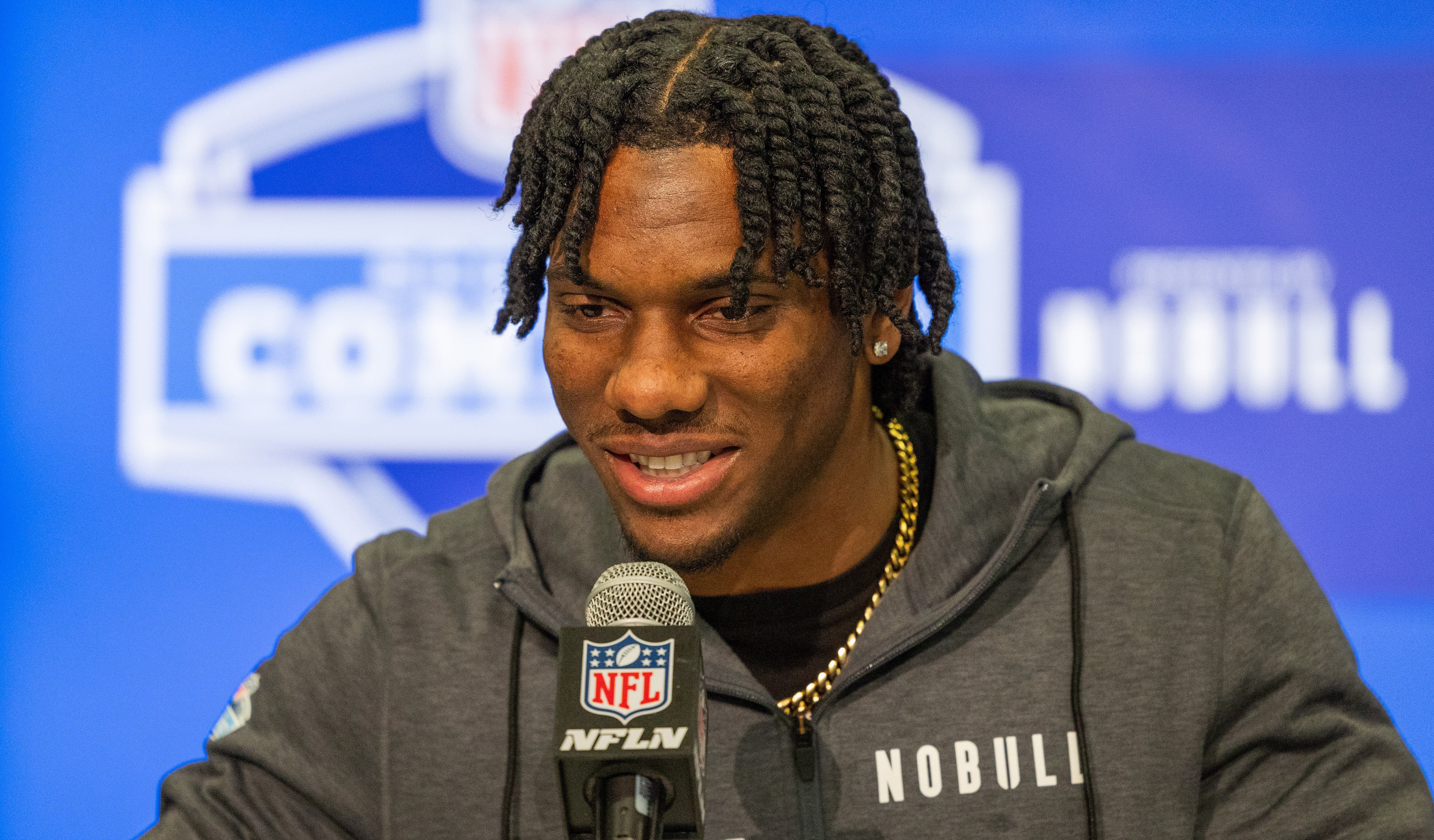 Louisiana State wide receiver Malik Nabers (WO21) talks to the media during the 2024 NFL Combine at Lucas Oil Stadium. Trevor Ruszkowski-USA TODAY Sports