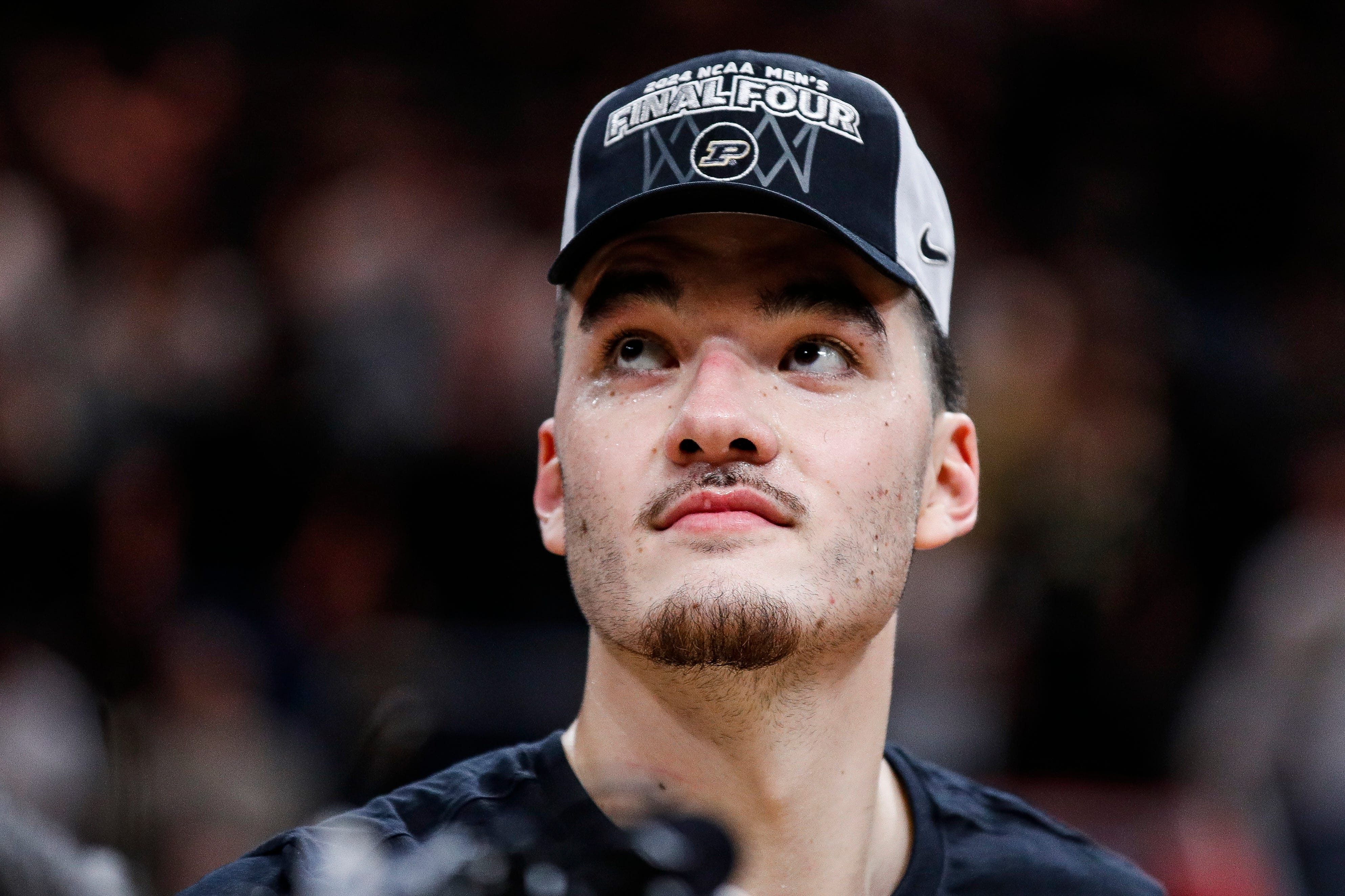 Purdue center Zach Edey (15) looks on after 72-66 win over Tennessee at the NCAA tournament Midwest Regional Elite 8 round at Little Caesars Arena in Detroit on Sunday, March 31, 2024.