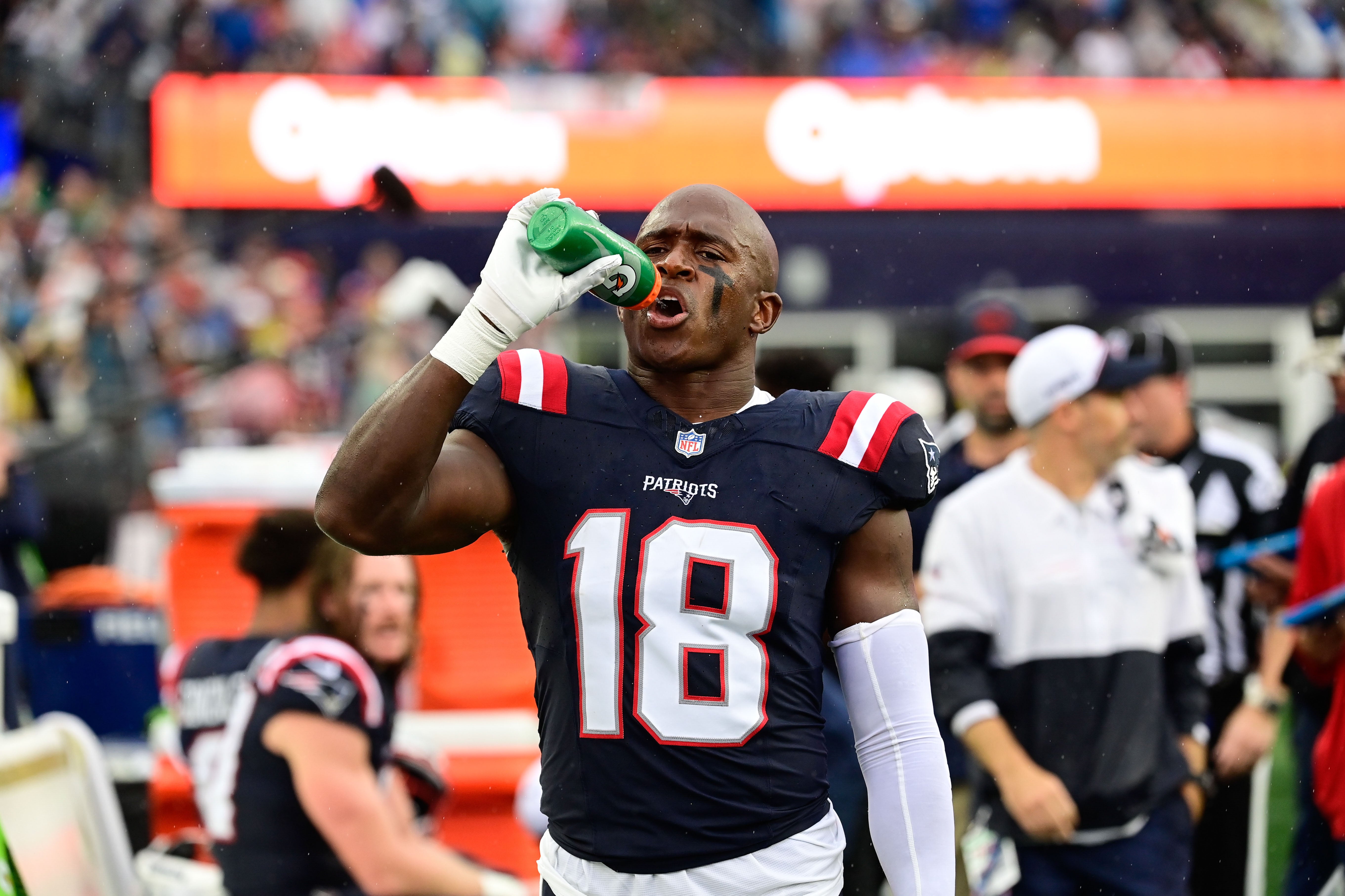 Sep 10, 2023; Foxborough, Massachusetts, USA; New England Patriots wide receiver Matthew Slater (18) on the sideline during the first half against the Philadelphia Eagles at Gillette Stadium.