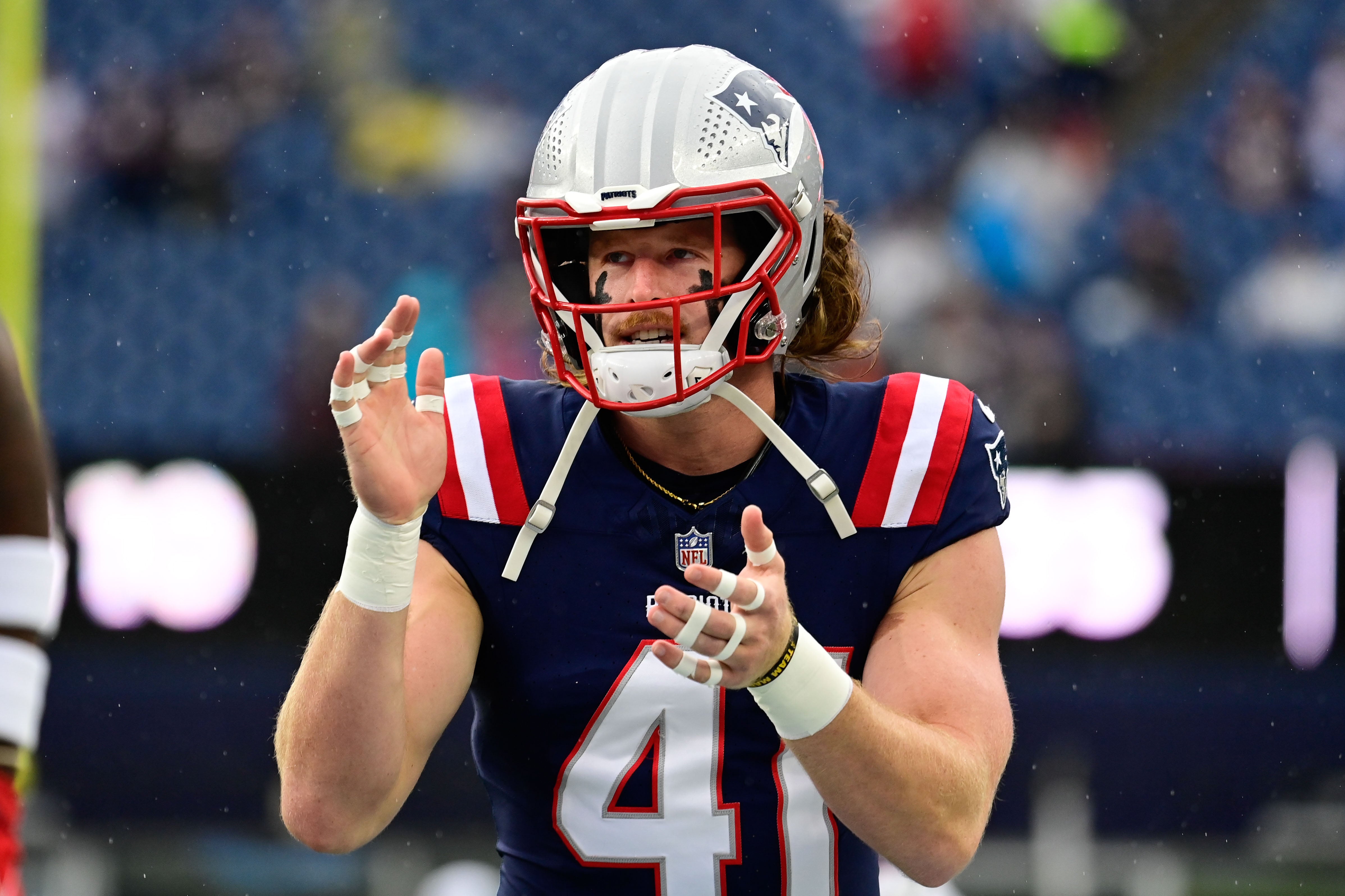 Sep 10, 2023; Foxborough, Massachusetts, USA; New England Patriots safety Brenden Schooler (41) prepares for a game against the Philadelphia Eagles during the warm-up period at Gillette Stadium