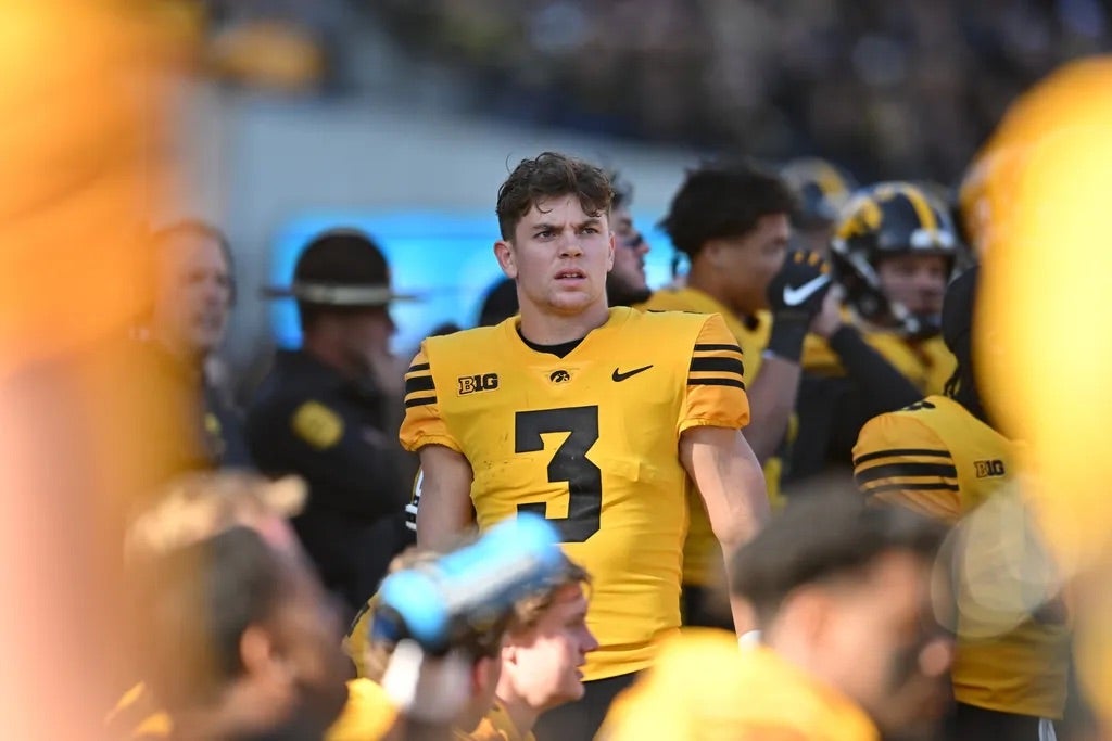 Iowa Hawkeyes defensive back Cooper DeJean (3) looks on during the game against the Minnesota Golden Gophers at Kinnick Stadium.