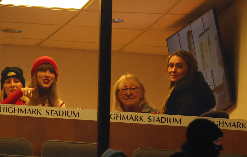 Jan 21, 2024; Orchard Park, New York, USA; Taylor Swift (left), Donna Kelce (center) and Kylie Kelce (right) before the 2024 AFC divisional round game between the Kansas City Chiefs and Buffalo Bills at Highmark Stadium.