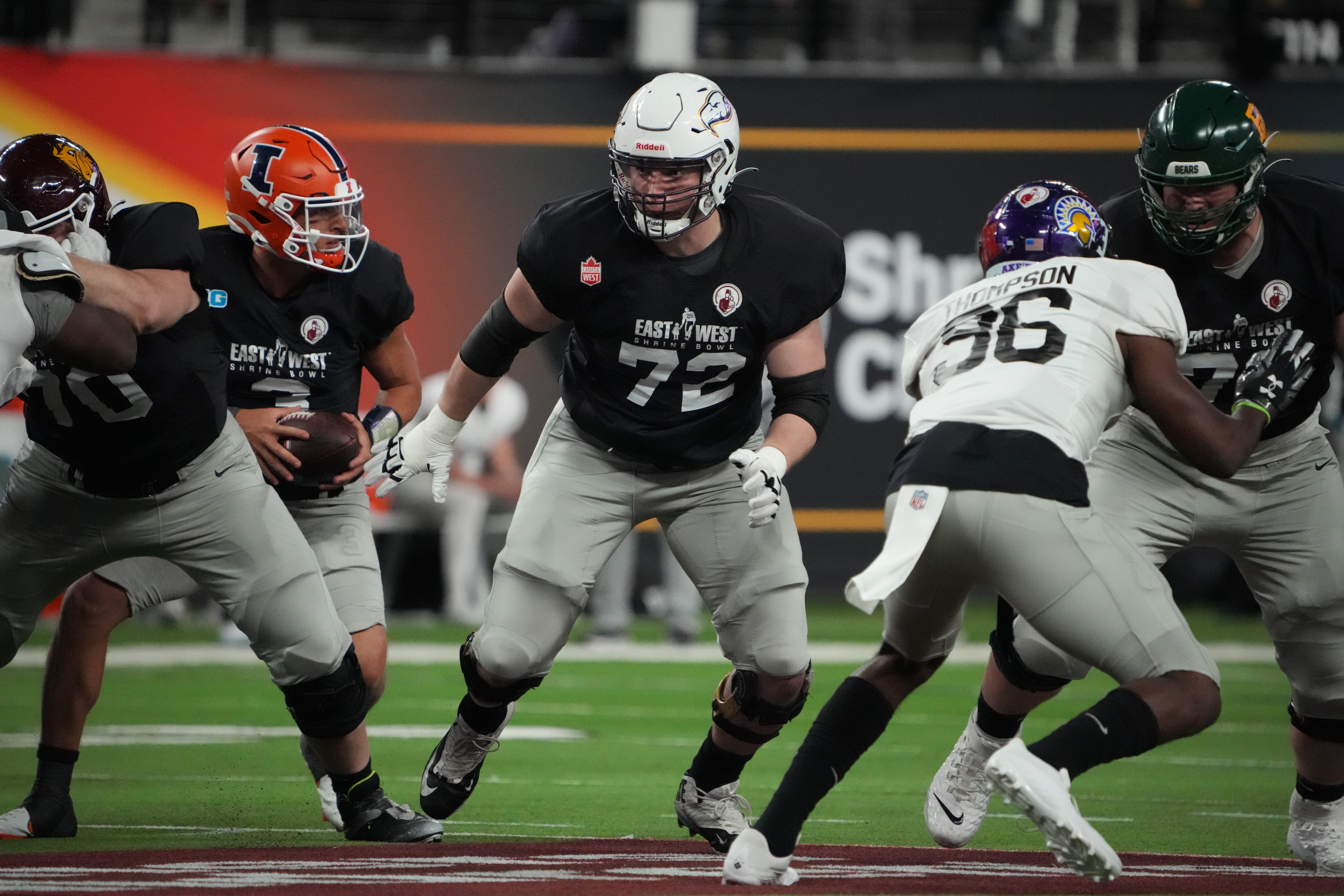 Feb 2, 2023; Las Vegas, NV, USA; West lineman Theo Benedet (72) against the East during the Shrine Bowl at Allegiant Stadium.