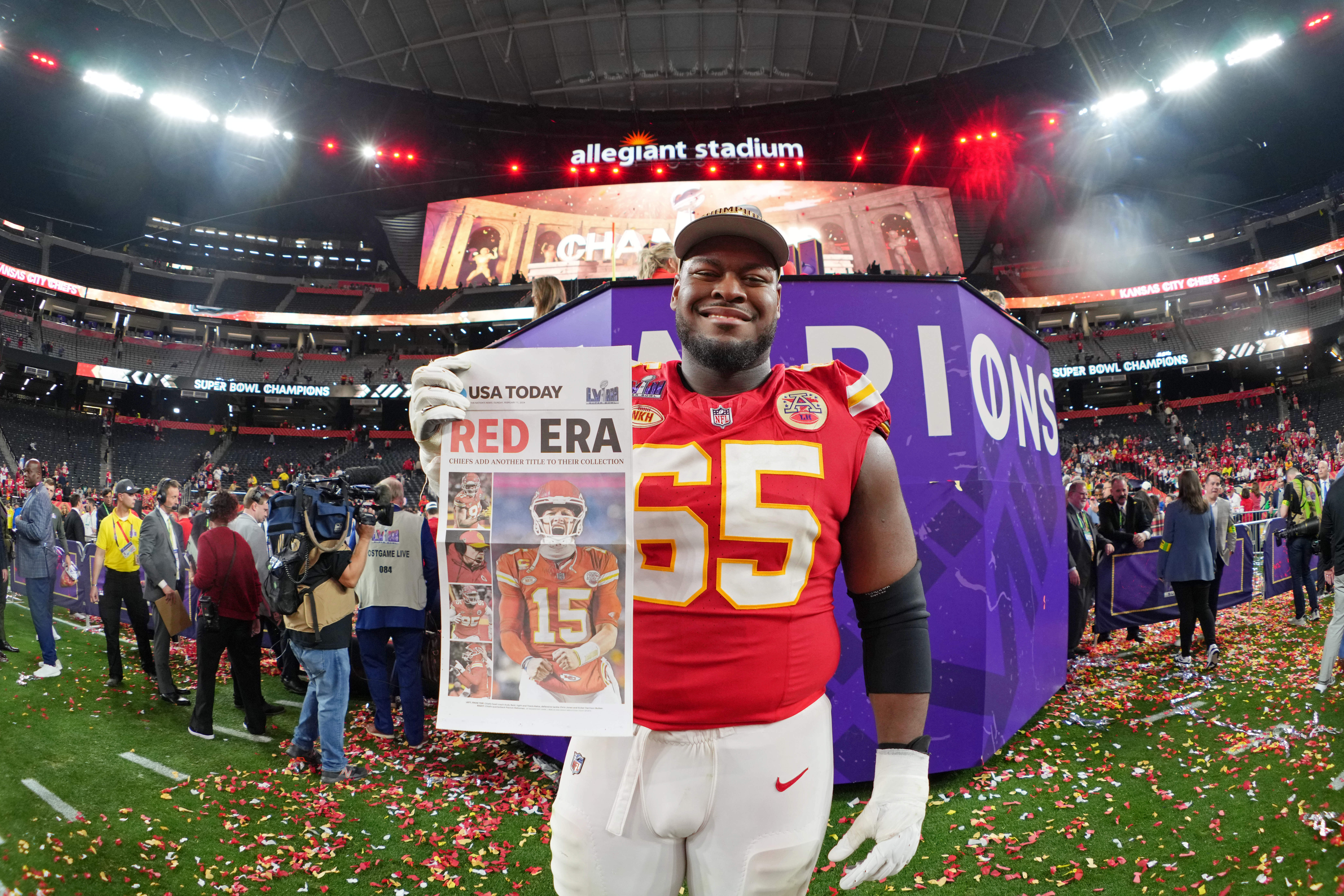 Feb 11, 2024; Paradise, Nevada, USA; Kansas City Chiefs guard Trey Smith (65) poses for a photo after winning Super Bowl LVIII against the San Francisco 49ers at Allegiant Stadium.
