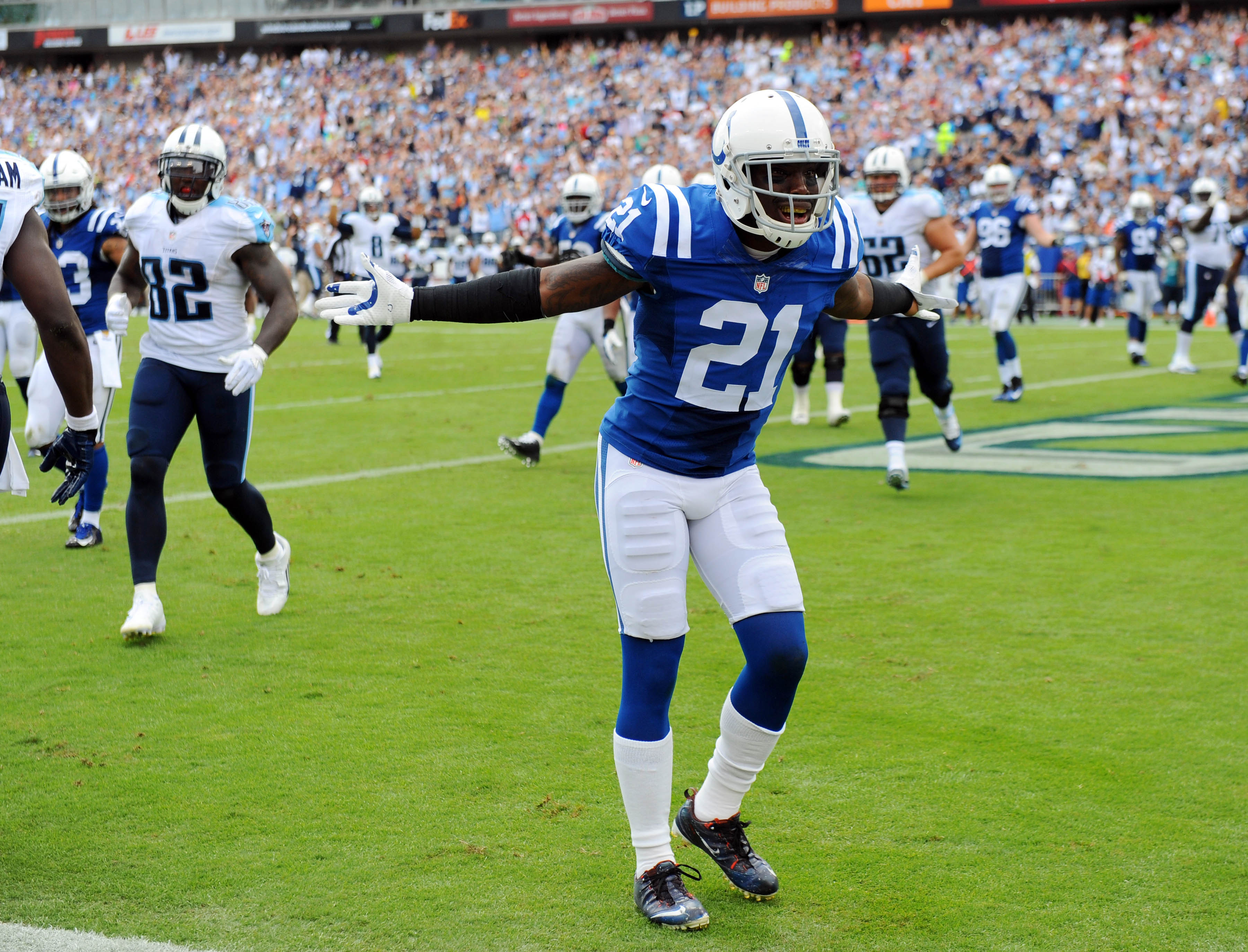 Sep 27, 2015; Nashville, TN, USA; Indianapolis Colts cornerback Vontae Davis (21) reacts after allowing a touchdown reception during the second half against the Tennessee Titans at Nissan Stadium.