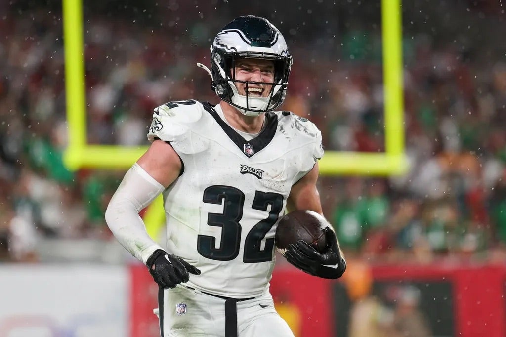 Philadelphia Eagles safety Reed Blankenship (32) reacts after intercepting the ball against the Tampa Bay Buccaneers in the second quarter at Raymond James Stadium.