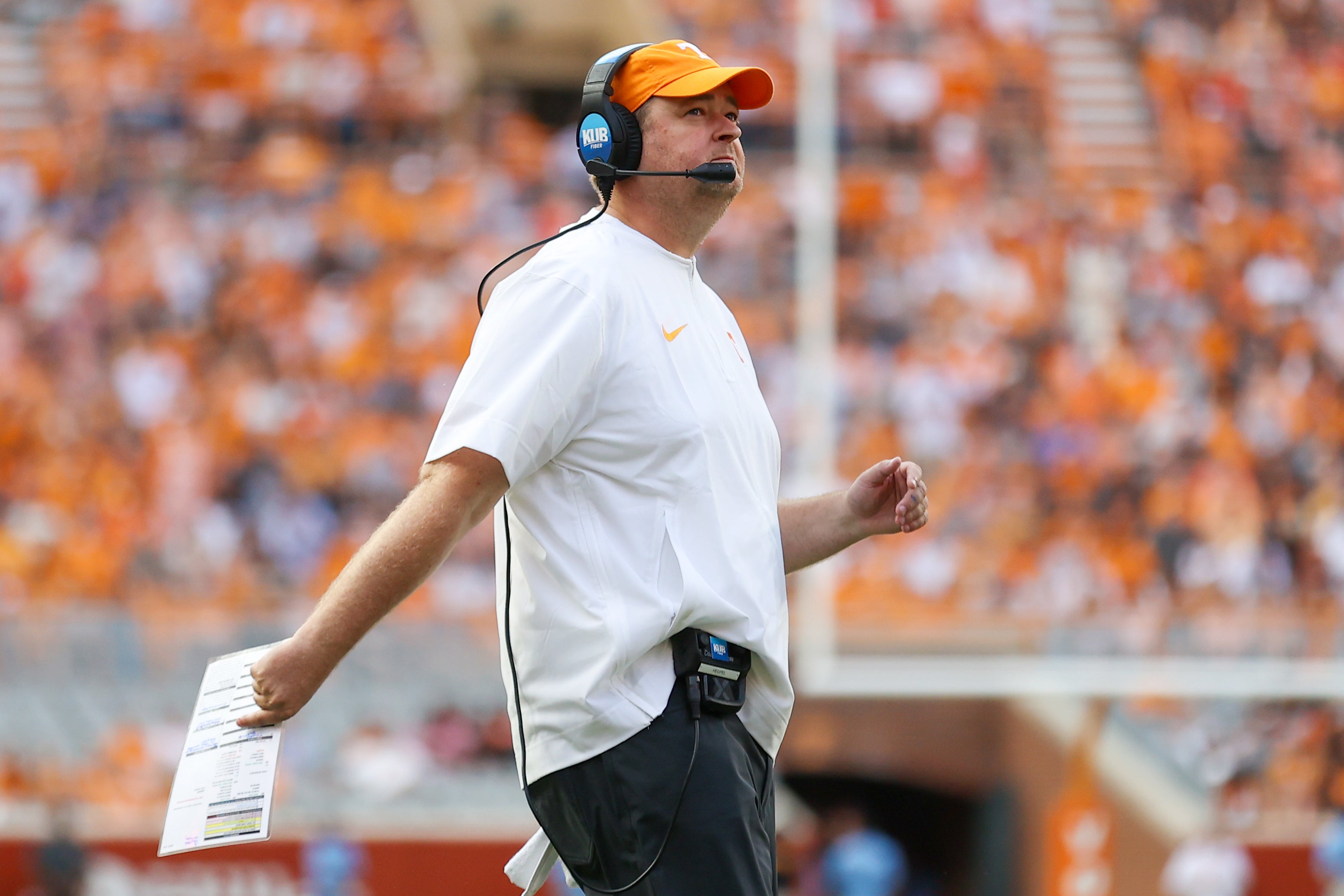 Sep 9, 2023; Knoxville, Tennessee, USA; Tennessee Volunteers head coach Josh Heupel during the first half against the Austin Peay Governors at Neyland Stadium.