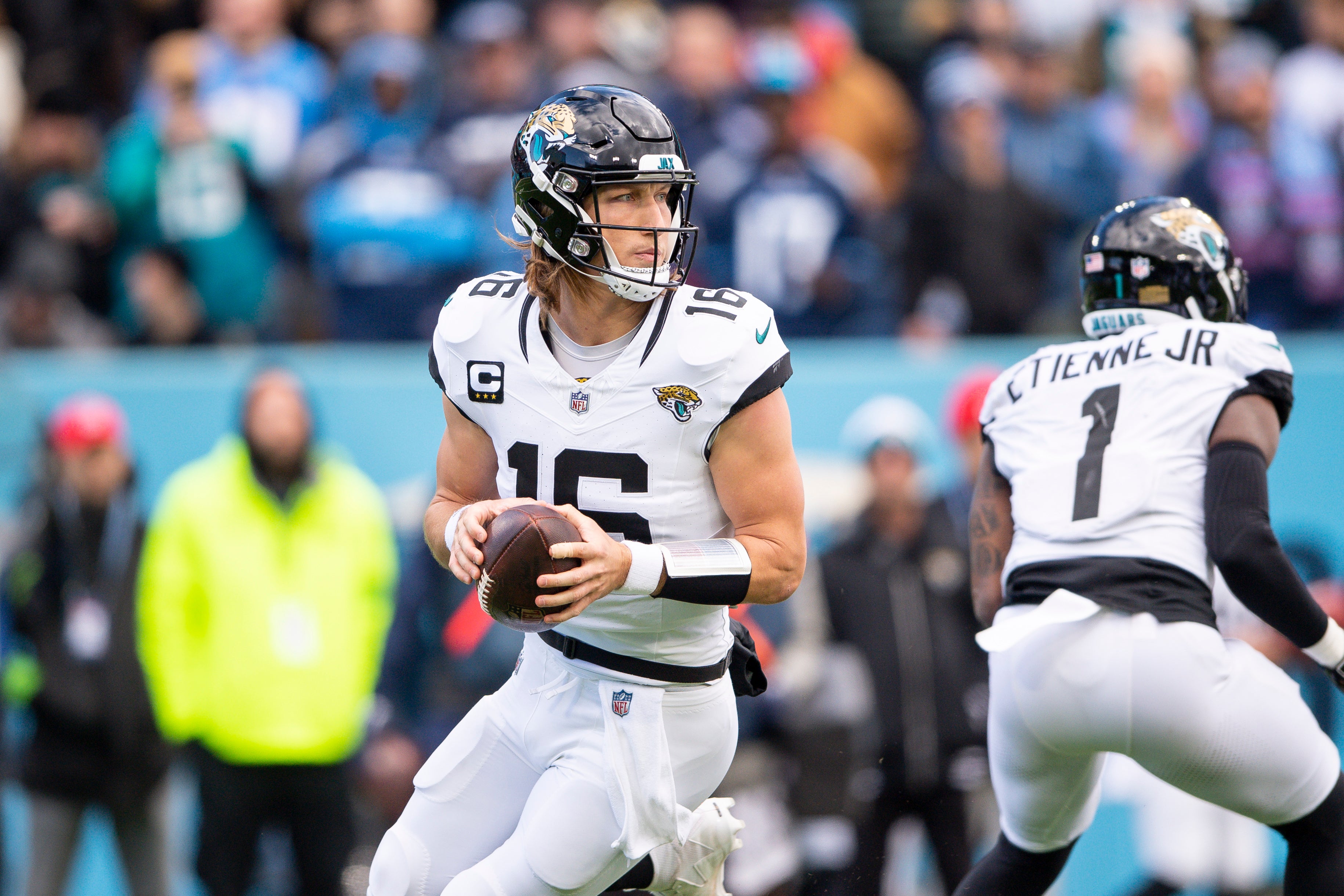 Jan 7, 2024; Nashville, Tennessee, USA; Jacksonville Jaguars quarterback Trevor Lawrence (16) stands in the pocket against the Tennessee Titans during the first half at Nissan Stadium.