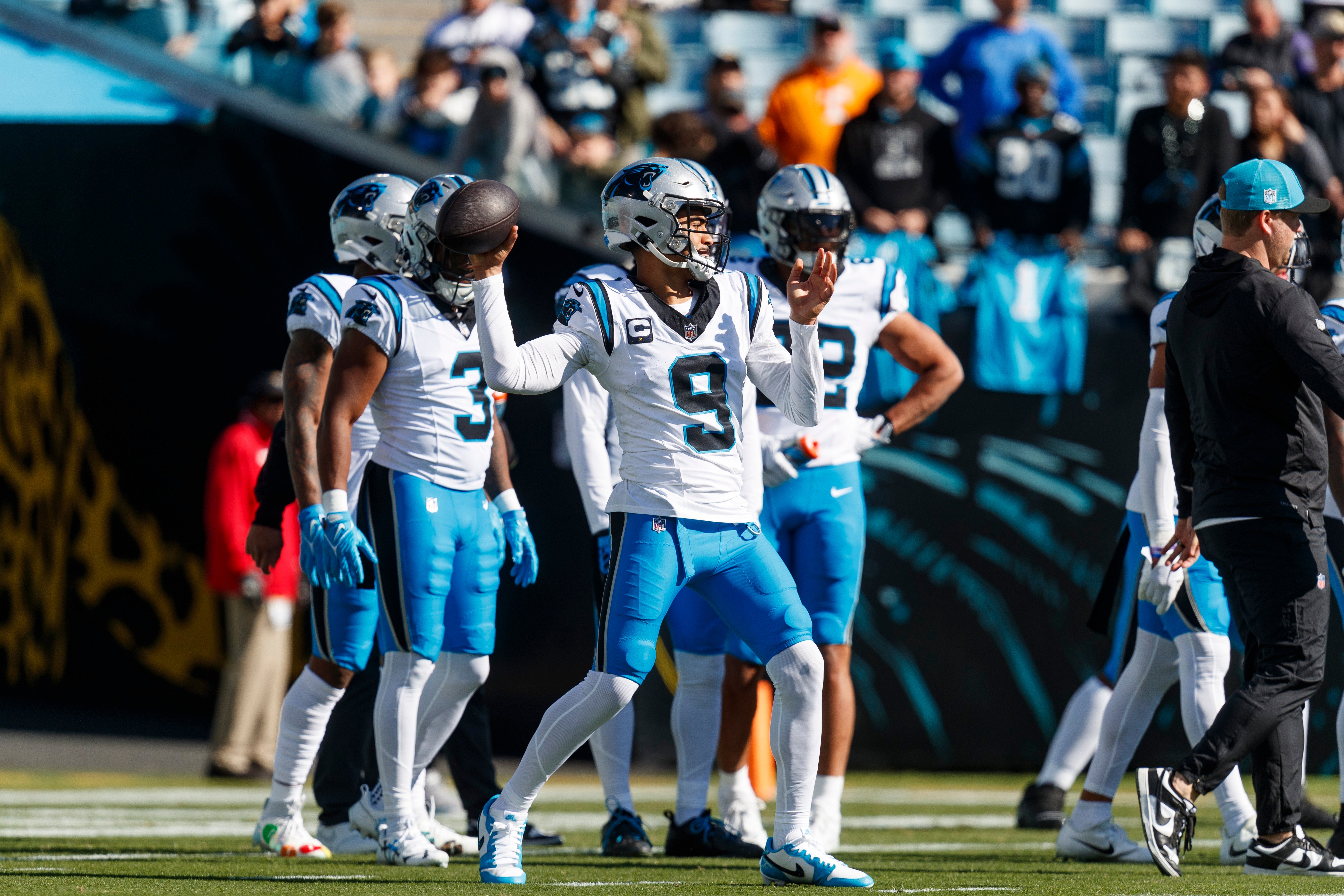 Dec 31, 2023; Jacksonville, Florida, USA; Carolina Panthers quarterback Bryce Young (9) during warm-ups against the Jacksonville Jaguars at EverBank Stadium. Mandatory Credit: Morgan Tencza-USA TODAY Sports