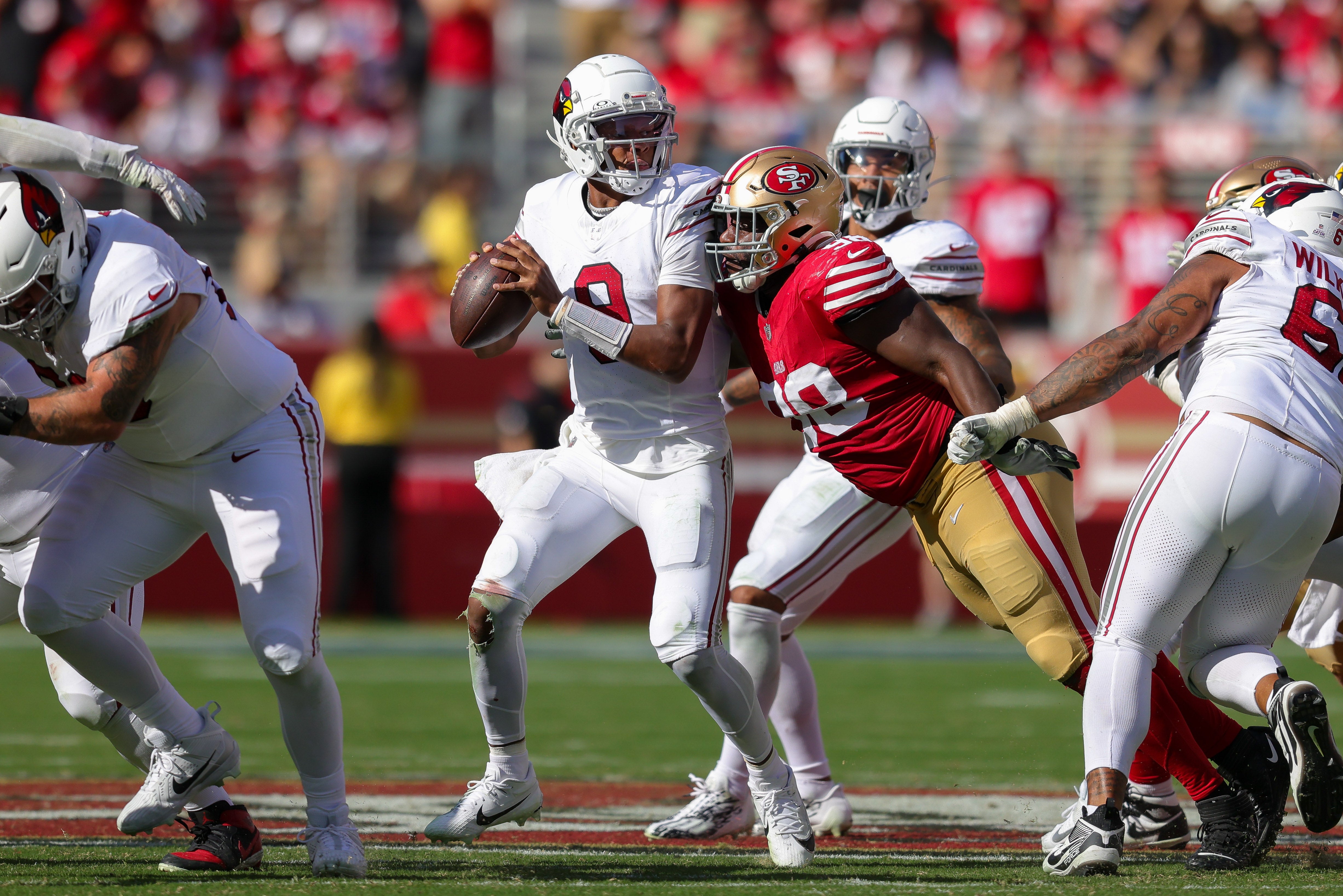 Oct 1, 2023; Santa Clara, California, USA; San Francisco 49ers defensive tackle Javon Hargrave (98) sacks Arizona Cardinals quarterback Joshua Dobbs (9) during the fourth quarter at Levi's Stadium.