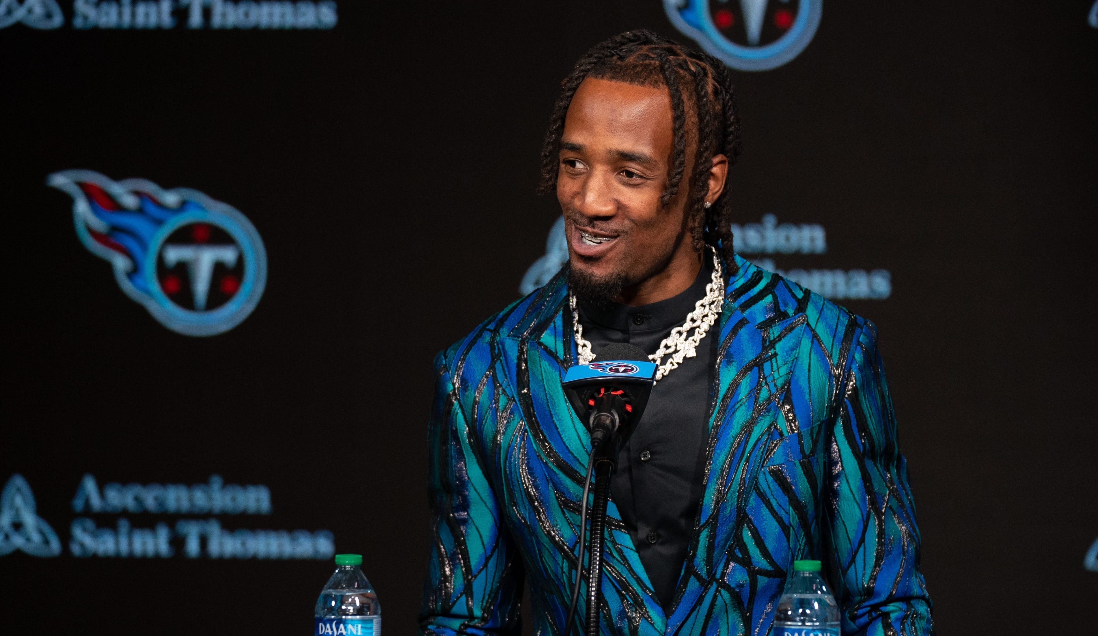 Newly acquired cornerback for the Tennessee Titans L'Jarius Sneed fields questions at his press conference at Ascension Saint Thomas Sports Park Tuesday morning, April 2, 2024 Denny Simmons / The Tennessean-USA TODAY NETWORK