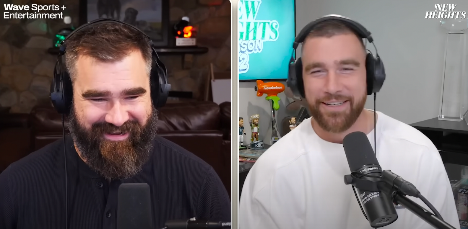 Jason Kelce and Travis Kelce during their New Heights podcast.
