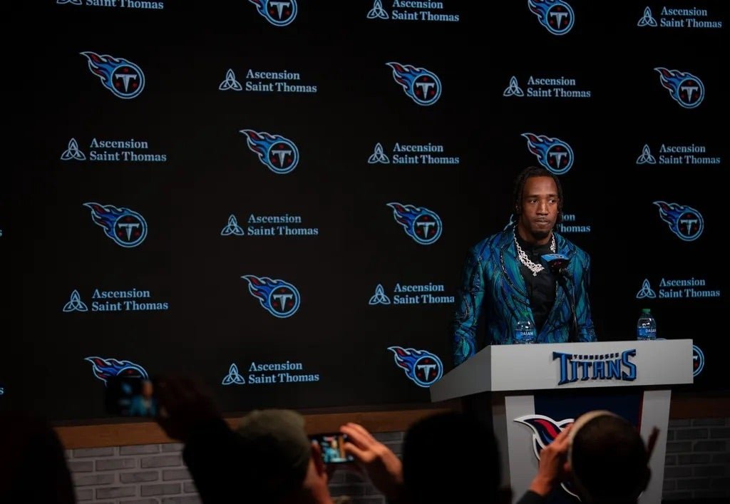 Newly acquired cornerback for the Tennessee Titans L'Jarius Sneed fields questions at his press conference at Ascension Saint Thomas Sports Park Tuesday morning, April 2, 2024.