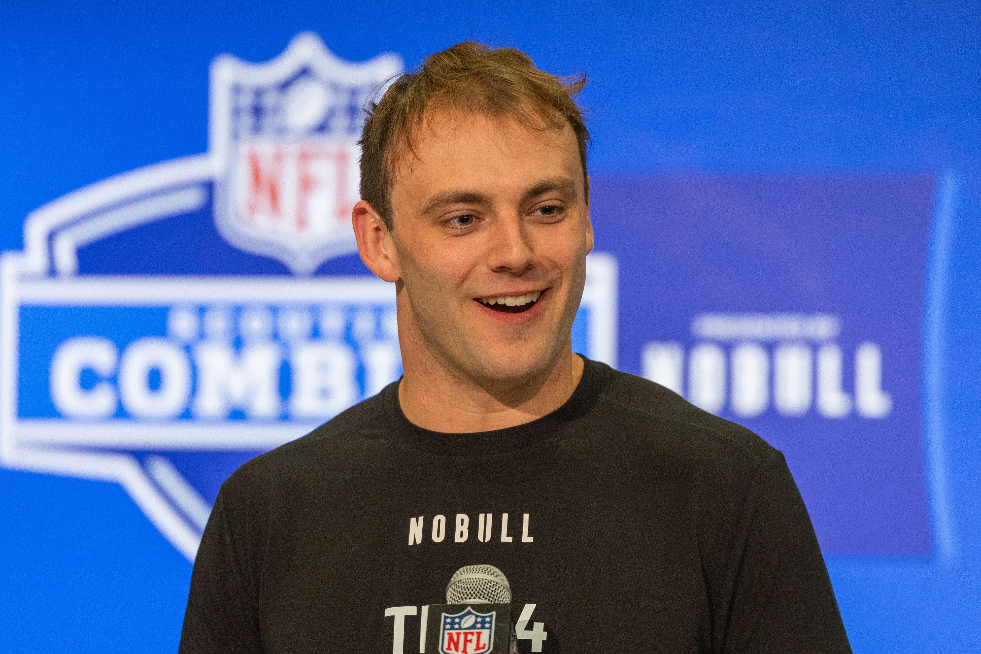 Feb 29, 2024; Indianapolis, IN, USA; Georgia tight end Brock Bowers (TE04) talks to the media during the 2024 NFL Combine at Lucas Oil Stadium.