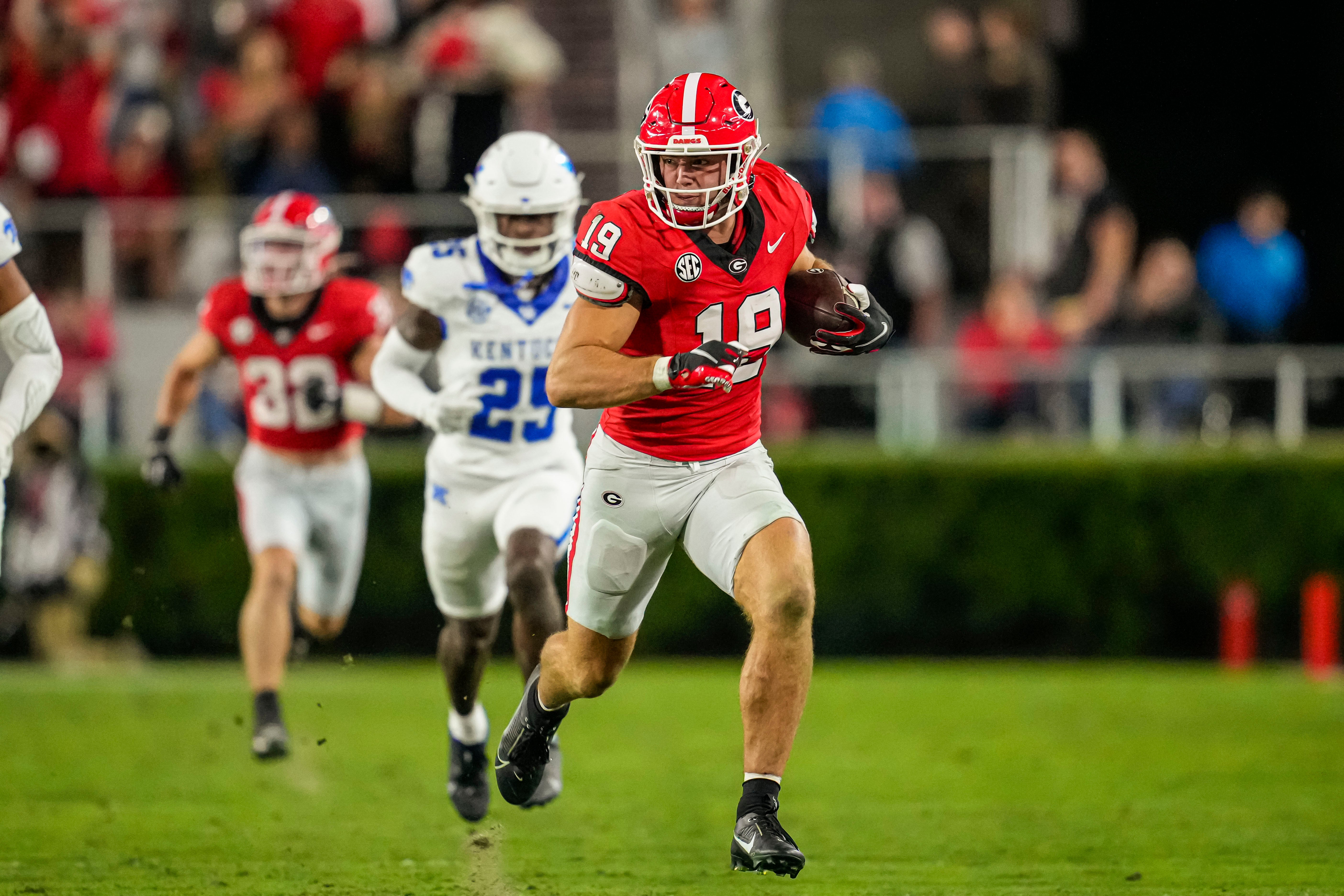 Oct 7, 2023; Athens, Georgia, USA; Georgia Bulldogs tight end Brock Bowers (19) runs after a catch against the Kentucky Wildcats during the first half at Sanford Stadium.