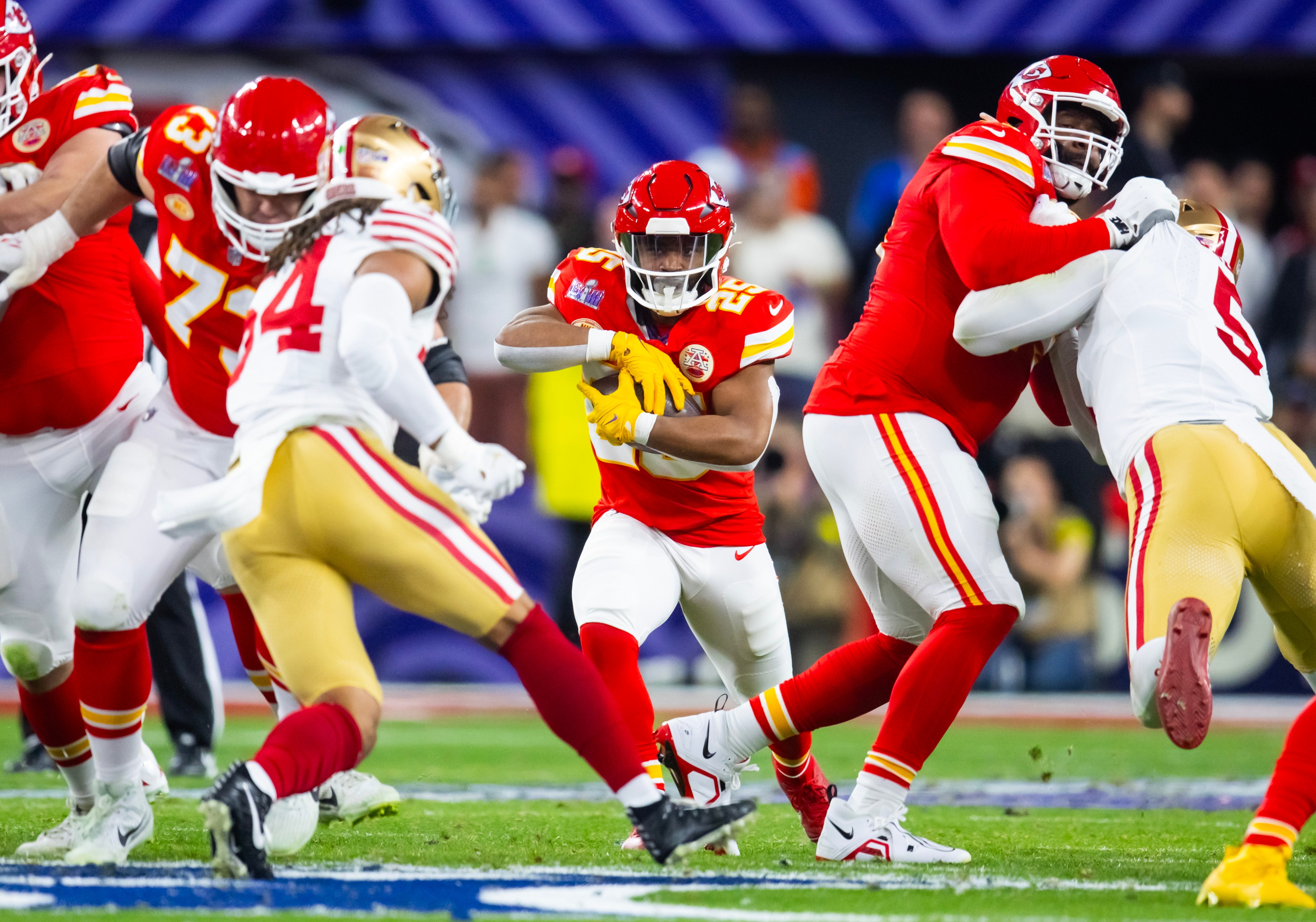 Feb 11, 2024; Paradise, Nevada, USA; Kansas City Chiefs running back Clyde Edwards-Helaire (25) against the San Francisco 49ers in Super Bowl LVIII at Allegiant Stadium.