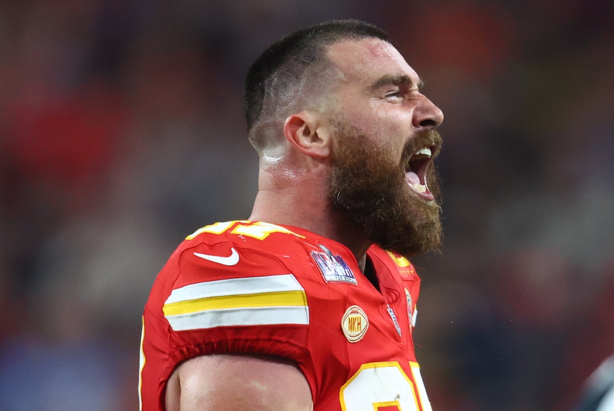 Feb 11, 2024; Paradise, Nevada, USA; Kansas City Chiefs tight end Travis Kelce (87) reacts after a touchdown against the San Francisco 49ers in the second half in Super Bowl LVIII at Allegiant Stadium.