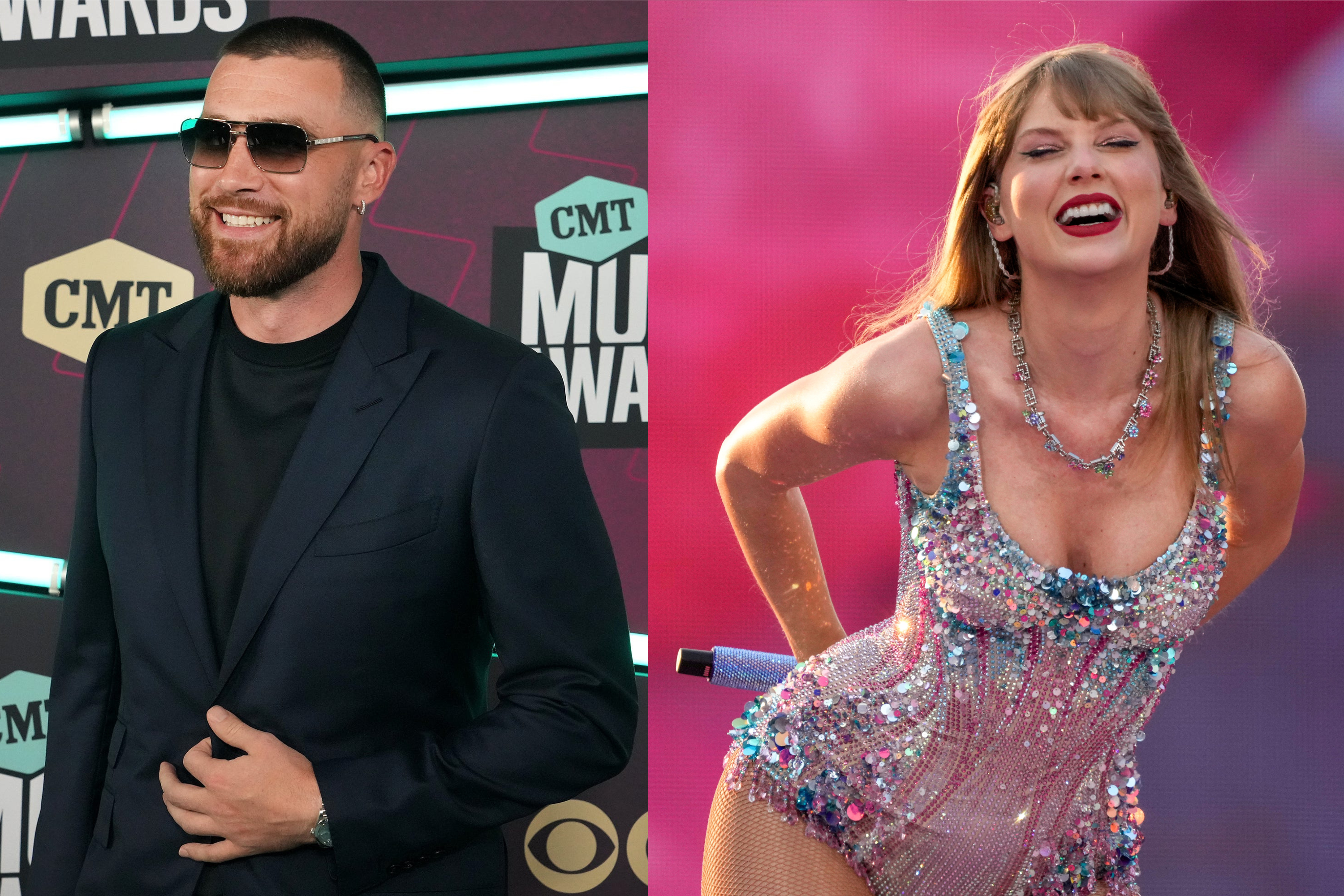 April 2, 2023: Travis Kelce arrives for the CMT Awards at the Moody Center in Austin, Texas. | Taylor Swift performers during the first night of the Cincinnati stop of the Eras Tour at Paycor Stadium in downtown Cincinnati on Friday, June 30, 2023.