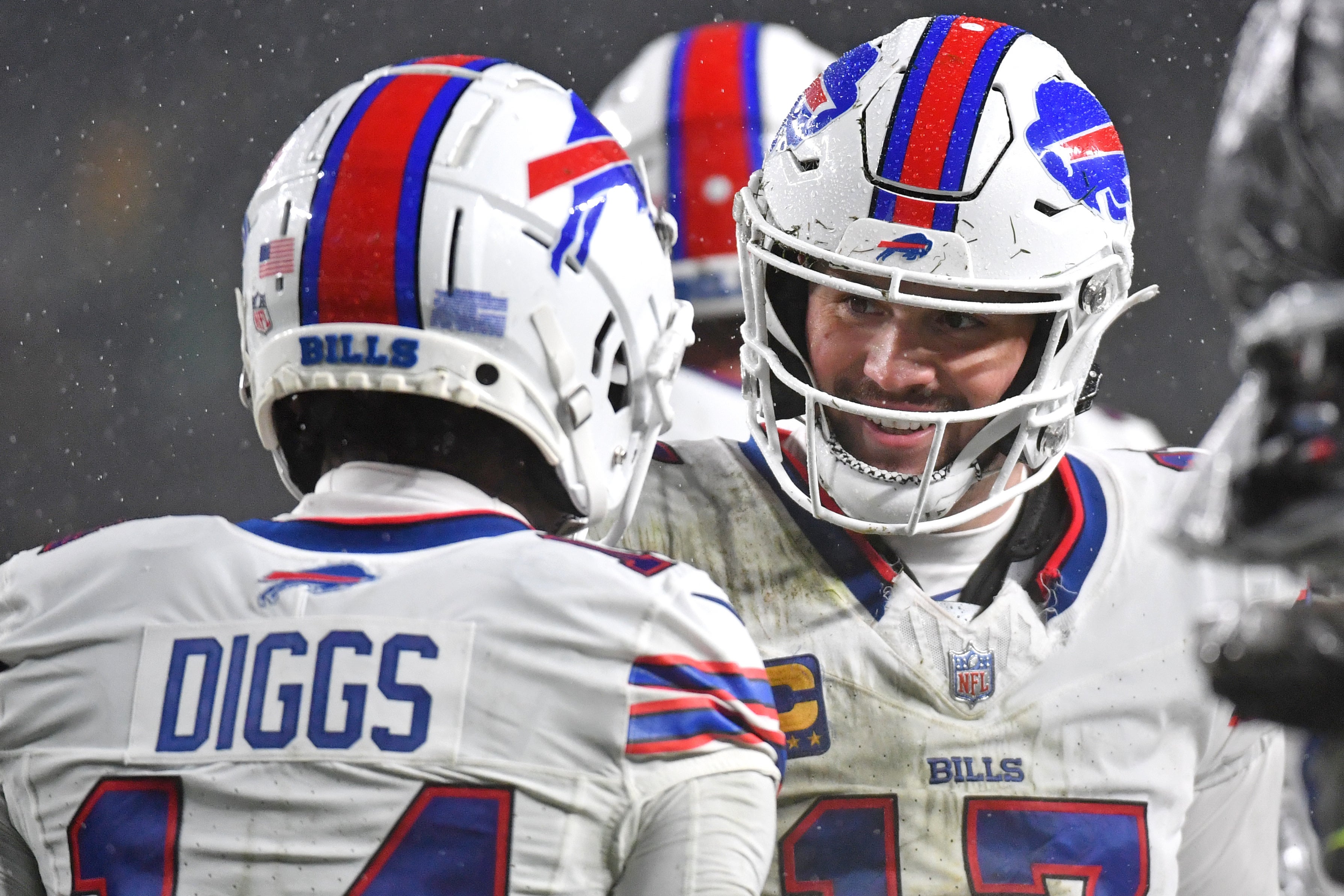 Buffalo Bills quarterback Josh Allen (17) and wide receiver Stefon Diggs (14) celebrate a touchdown against the Philadelphia Eagles against the Philadelphia Eagles at Lincoln Financial Field.