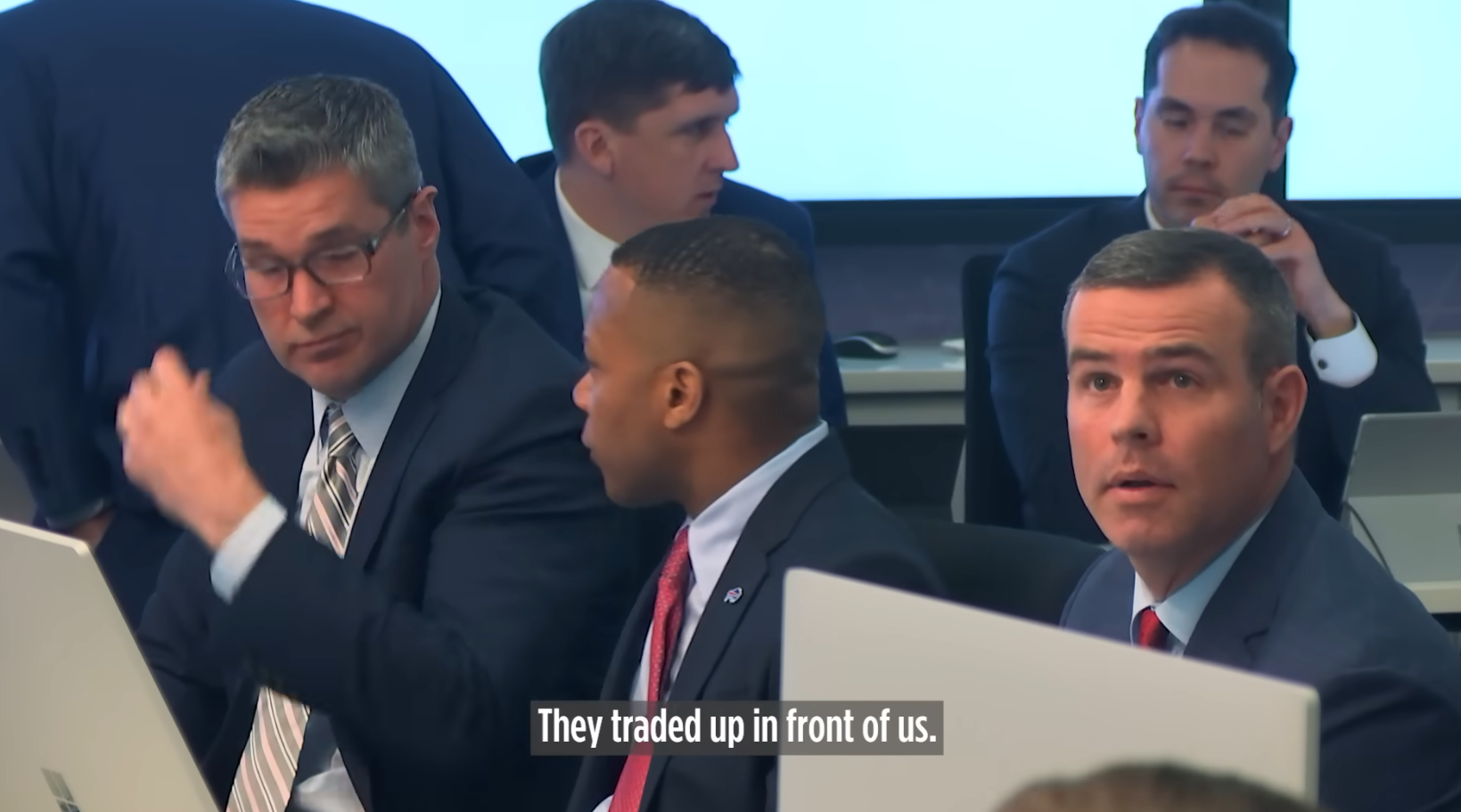 Bills GM Brandon Beane reacts to Chiefs' trade up for Trent McDuffie.