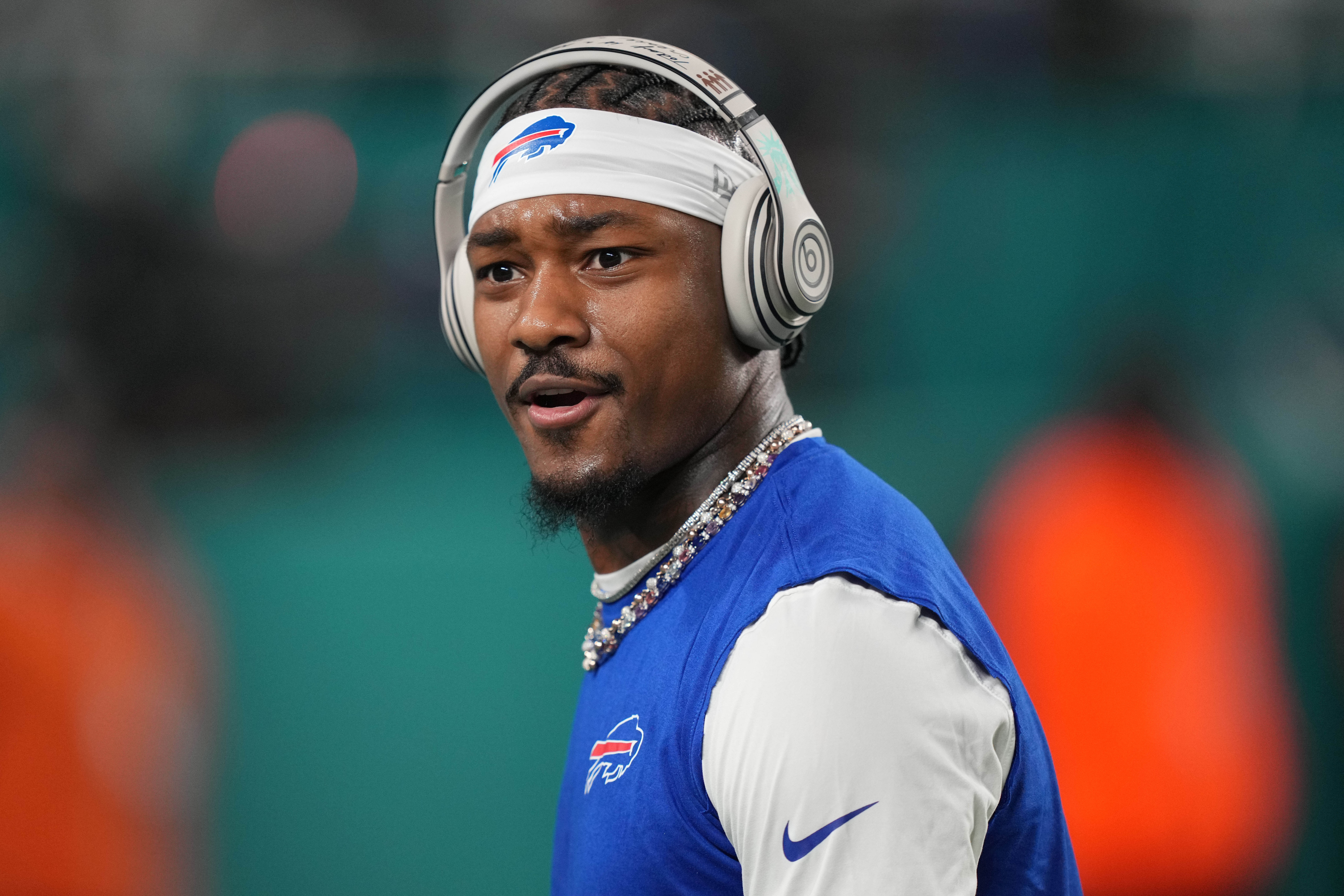 Jan 7, 2024; Miami Gardens, Florida, USA; Buffalo Bills wide receiver Stefon Diggs (14) warms-up before the game against the Miami Dolphins at Hard Rock Stadium.