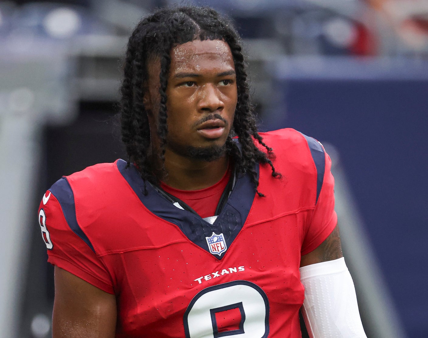 Oct 1, 2023; Houston, Texas, USA; Houston Texans wide receiver John Metchie III (8) before the game against the Pittsburgh Steelers at NRG Stadium.