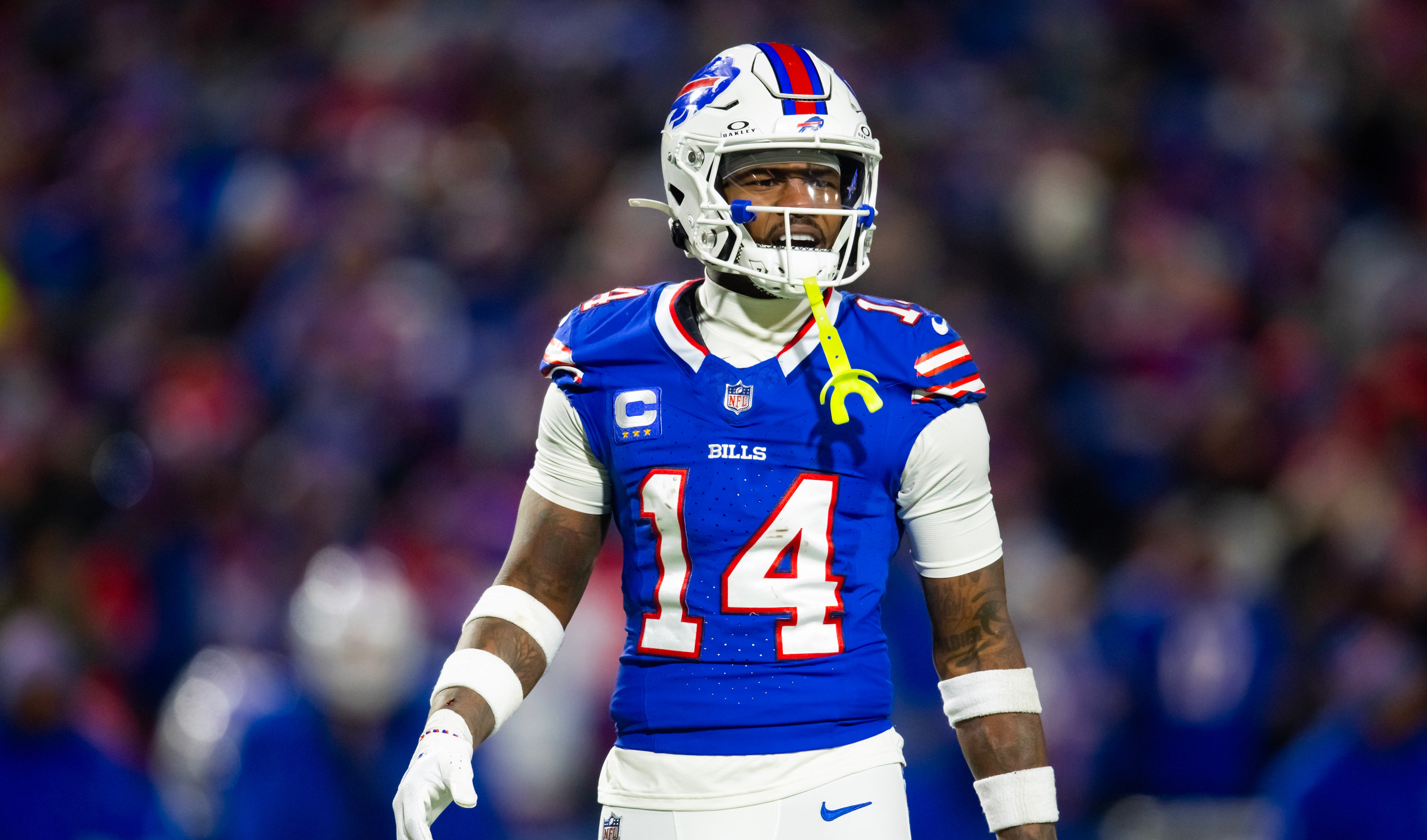 Buffalo Bills wide receiver Stefon Diggs (14) against the Kansas City Chiefs in the 2024 AFC divisional round game at Highmark Stadium. Mark J. Rebilas-USA TODAY Sports