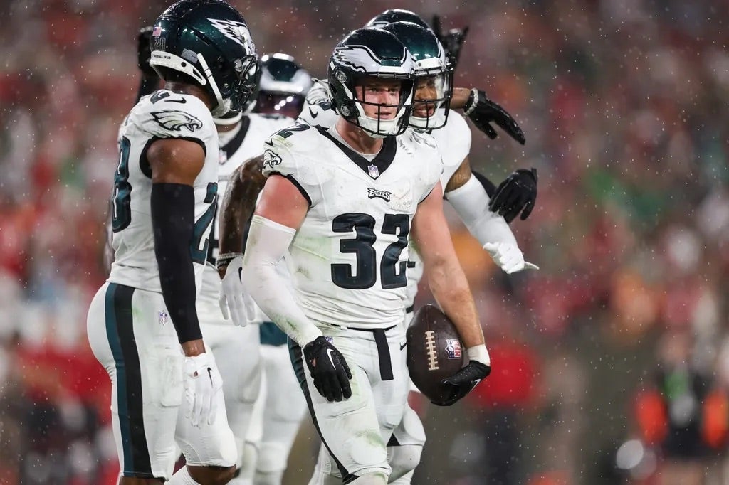 Philadelphia Eagles safety Reed Blankenship (32) reacts after intercepting the ball against the Tampa Bay Buccaneers in the second quarter at Raymond James Stadium.