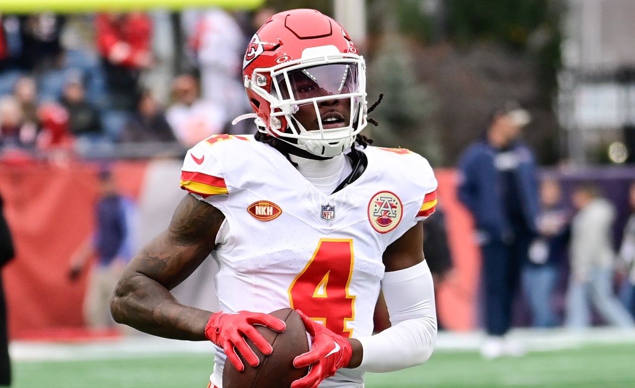 Dec 17, 2023; Foxborough, Massachusetts, USA; Kansas City Chiefs wide receiver Rashee Rice (4) warms up before a game against the New England Patriots at Gillette Stadium.