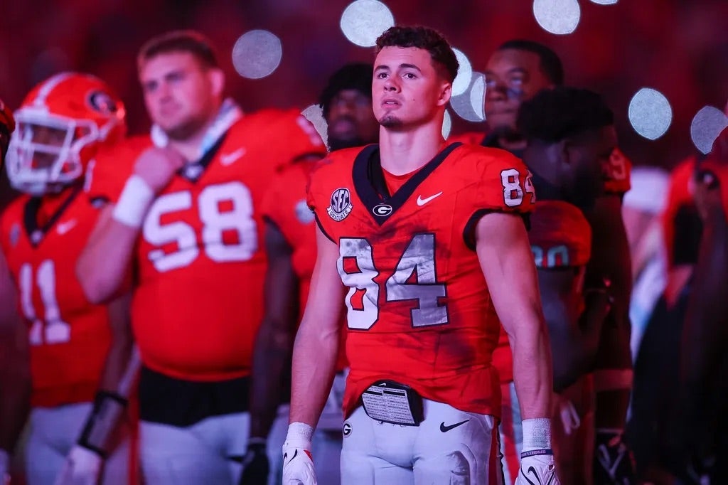 Georgia Bulldogs wide receiver Ladd McConkey (84) on the field against the Mississippi Rebels in the fourth quarter at Sanford Stadium.