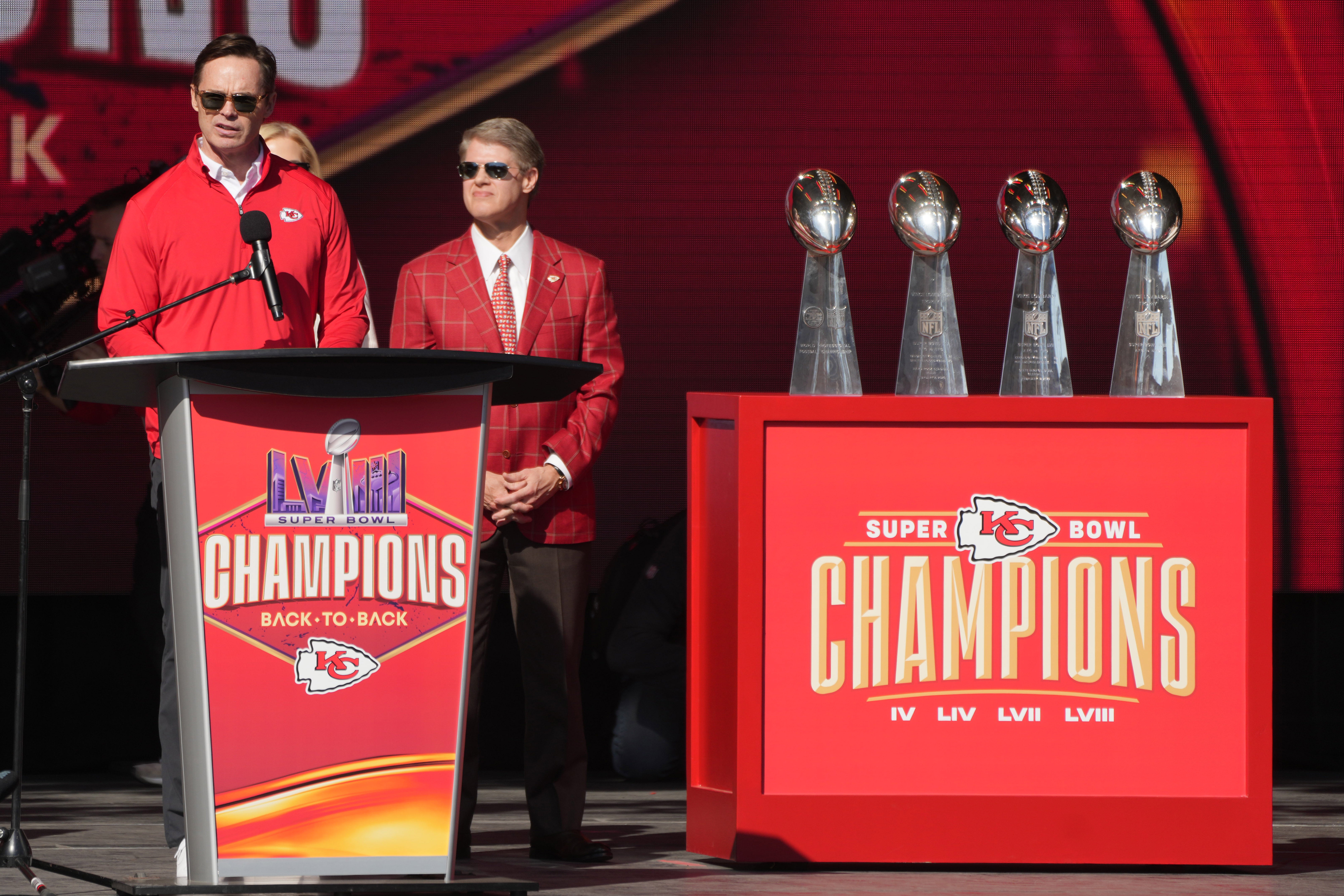 Feb 14, 2024; Kansas City, MO, USA; Kansas City Chiefs president Mark Donovan (left) and owner Clark Hunt during the celebration of the Chiefs winning Super Bowl LVIII.