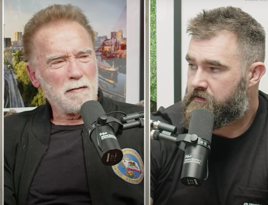 Arnold Schwarzenegger joins Jason and Travis Kelce on the latest "New Heights" podcast.