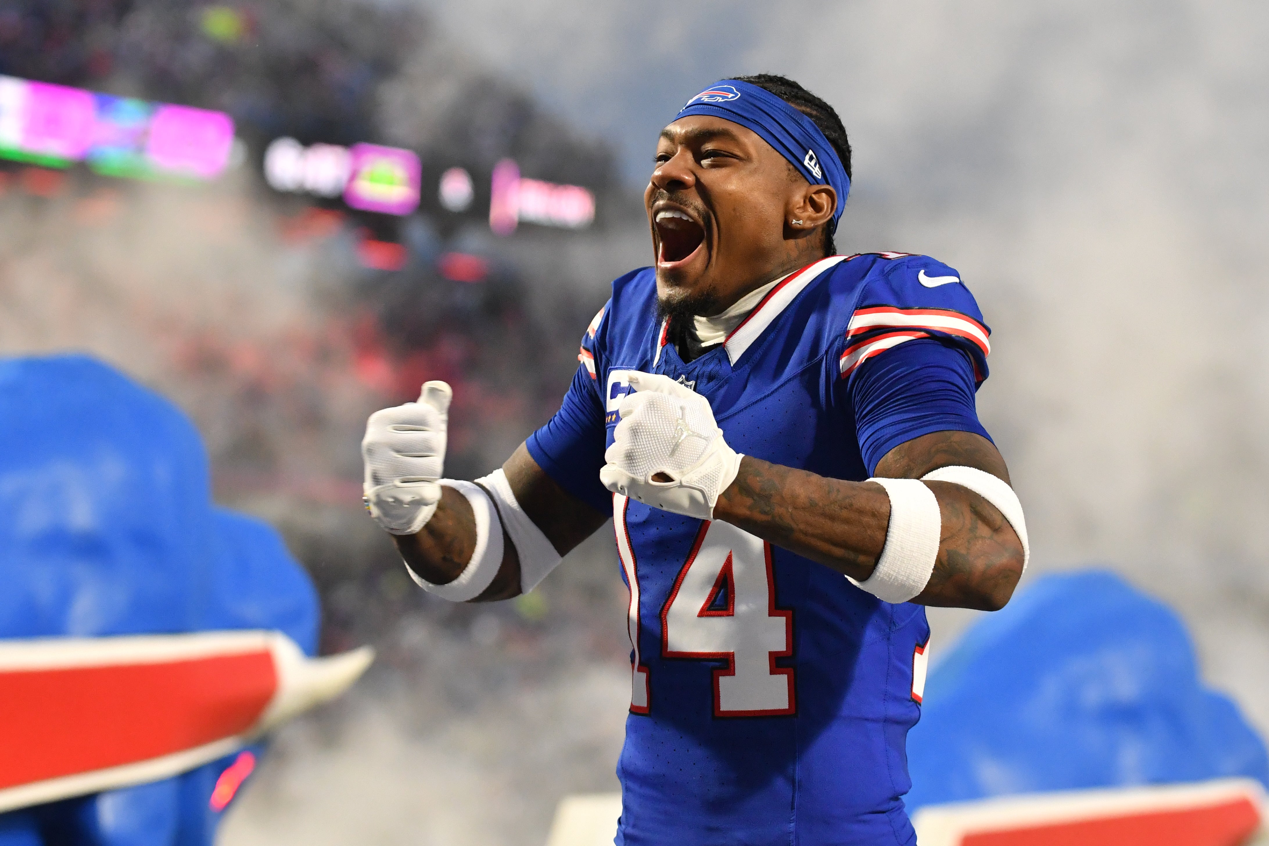 Dec 17, 2023; Orchard Park, New York, USA; Buffalo Bills wide receiver Stefon Diggs (14) takes the field before the game Dallas Cowboys at Highmark Stadium.