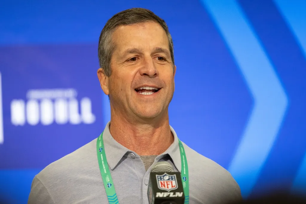 Baltimore Ravens head coach John Harbaugh talks to the media at the 2024 NFL Combine at Indiana Convention Center.