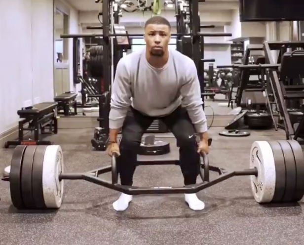 Philadelphia Eagles running back Saquon Barkley deadlifts during offseason workout.